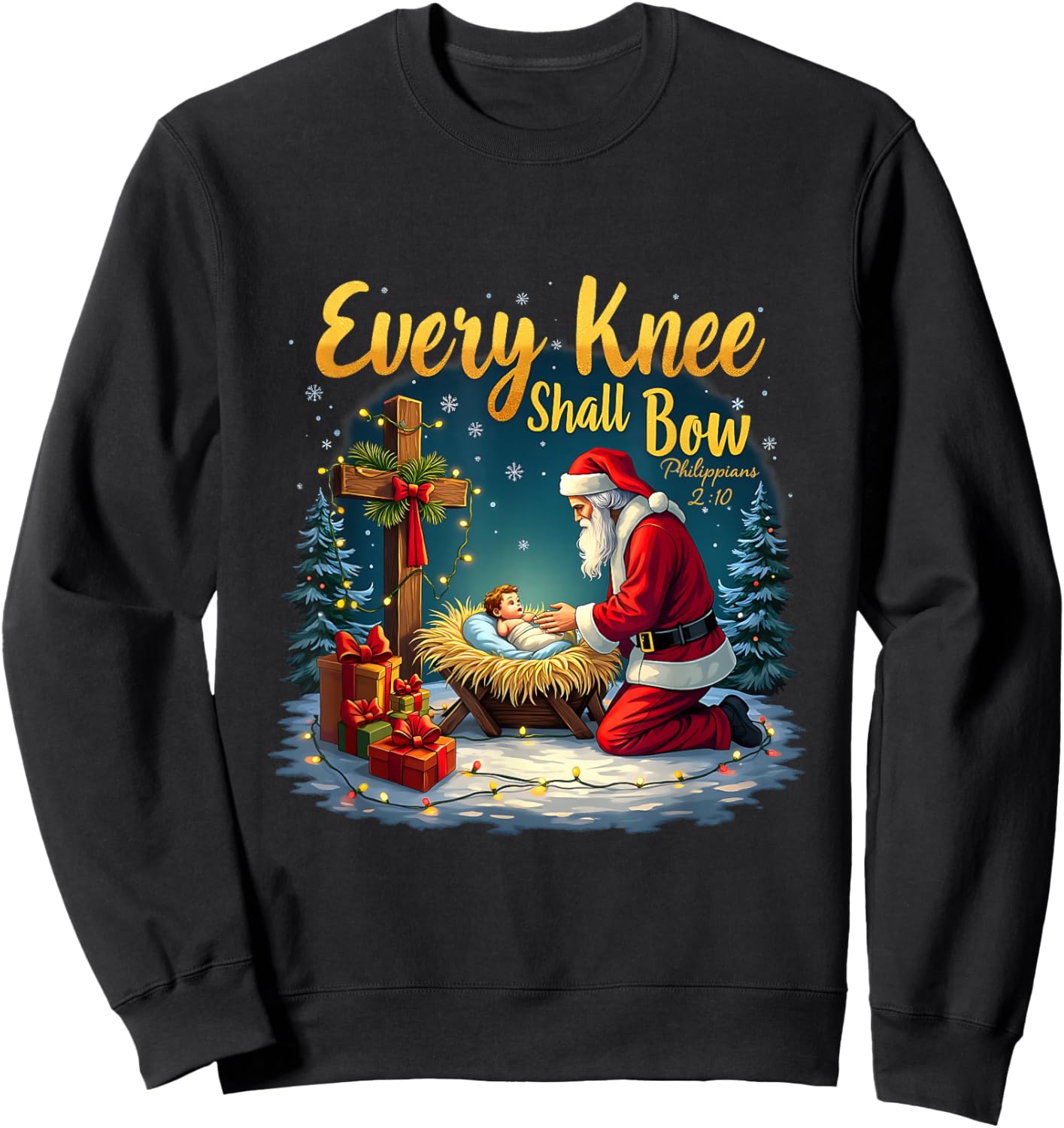 Christmas Nativity Scene Xmas Every Knee Shall Bow Santa Sweatshirt - Sweatshirt | Black
