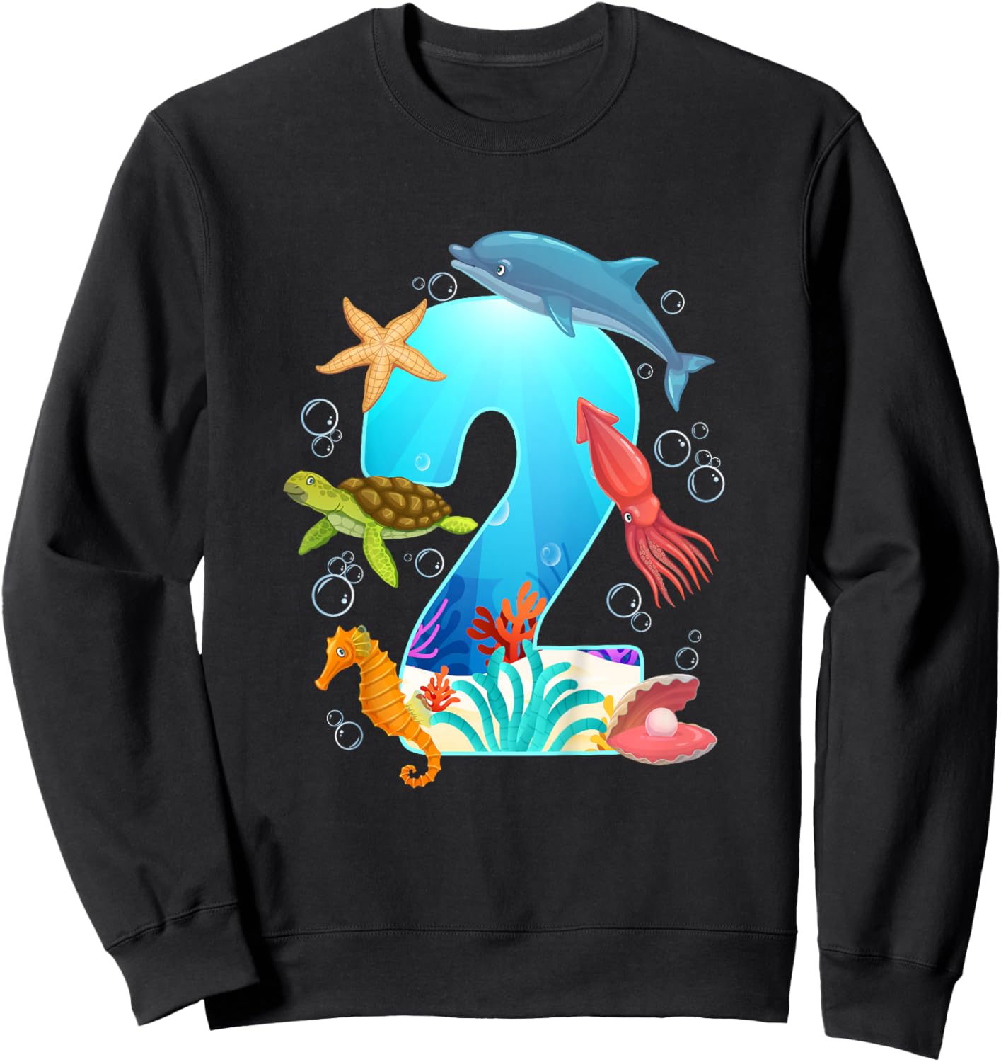 2nd Ocean Birthday Party 2 Year Old Sea Animals Sweatshirt - Sweatshirt | Black