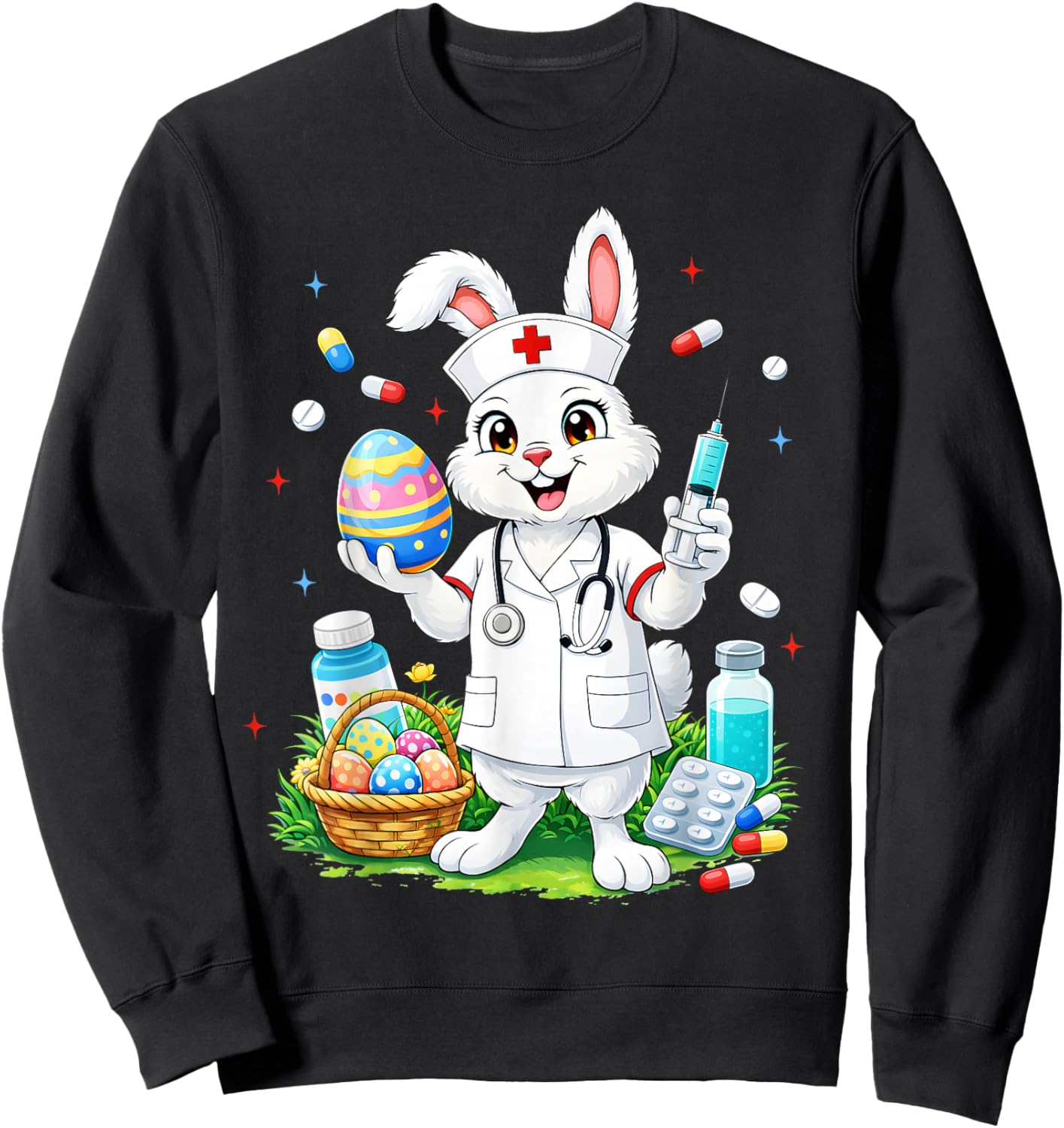 Cute Rabbit Bunny RN CNA ICU Easter Nurse Men Women Sweatshirt - Sweatshirt | Black