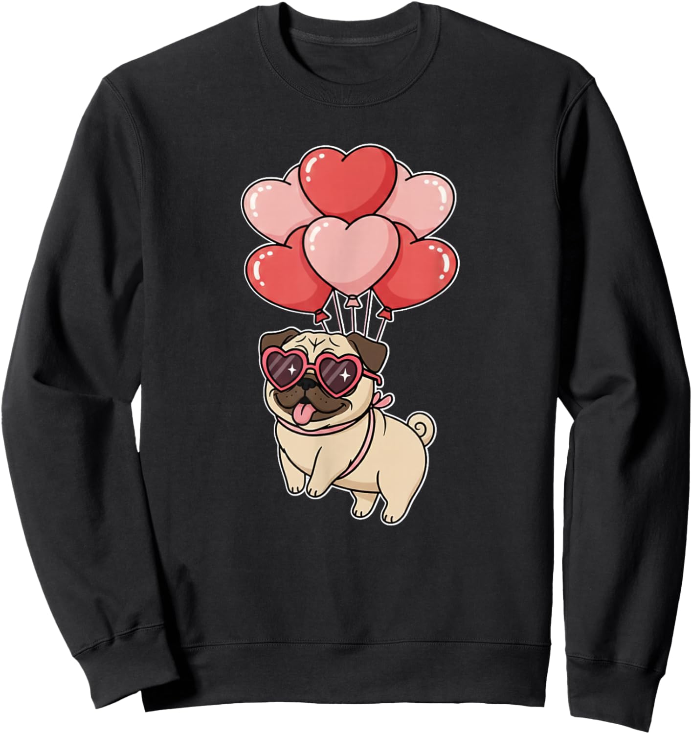 Girls Women Valentines Day Heart Balloons Tan Fawn Pug Lover Sweatshirt - Sweatshirt | Black