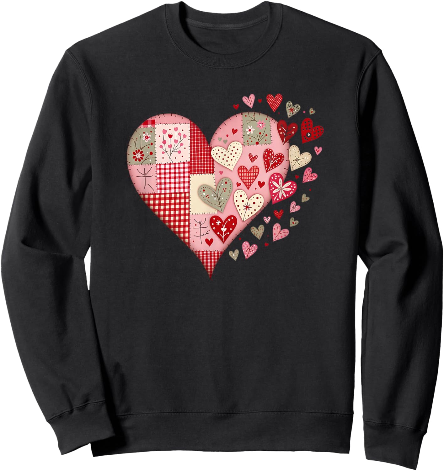 Heart Faux Patchwork Valentines Day Love Big Graphic Quilt Sweatshirt - Sweatshirt | Black