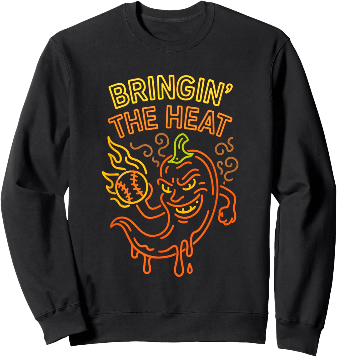 Baseball Pitcher Flame Bringin' The Heat Pepper Chili Meme Sweatshirt - Sweatshirt | Black