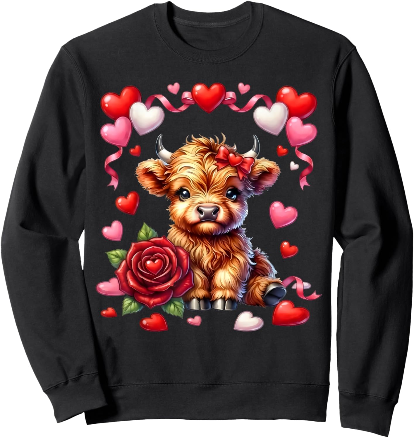 Cute Kawaii Highland Cow Heart Coquette Bow Valentines Day Sweatshirt - Sweatshirt | Black