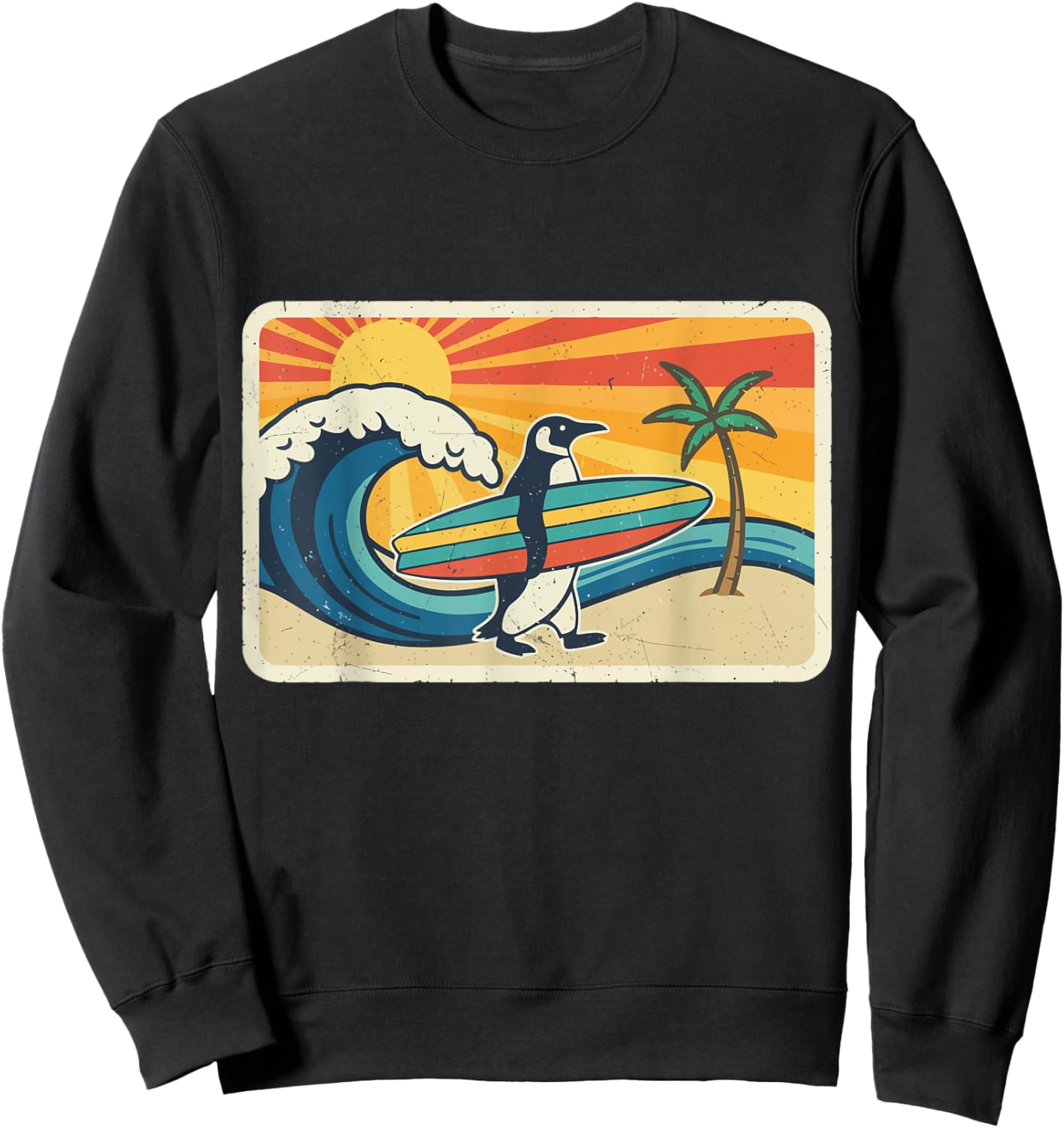 Funny Surfing Penguin Retro Beach Ocean Animal Art Sweatshirt - Sweatshirt | Black