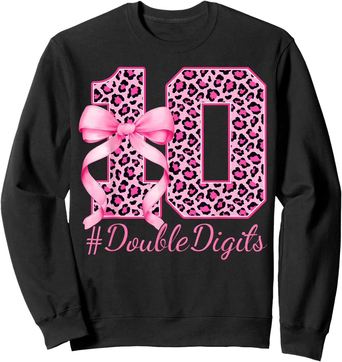Cute 10th Birthday Girl Leopard Coquette Bow 10 Year Old Sweatshirt - Sweatshirt | Black