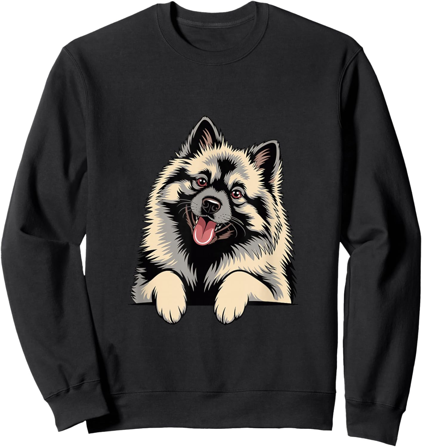 Cute Fluffy Gray Illustration Cartoon Canine Pup Keeshond Sweatshirt - Sweatshirt | Black