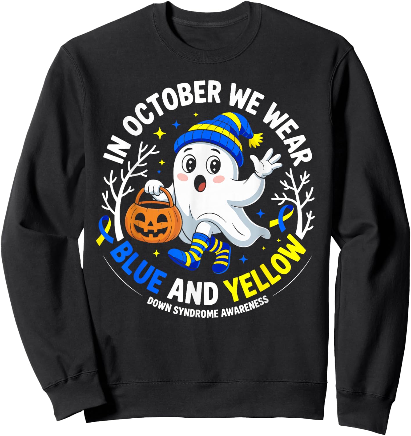 in October We Wear Yellow and Blue Down Syndrome Awareness Sweatshirt - Sweatshirt | Black