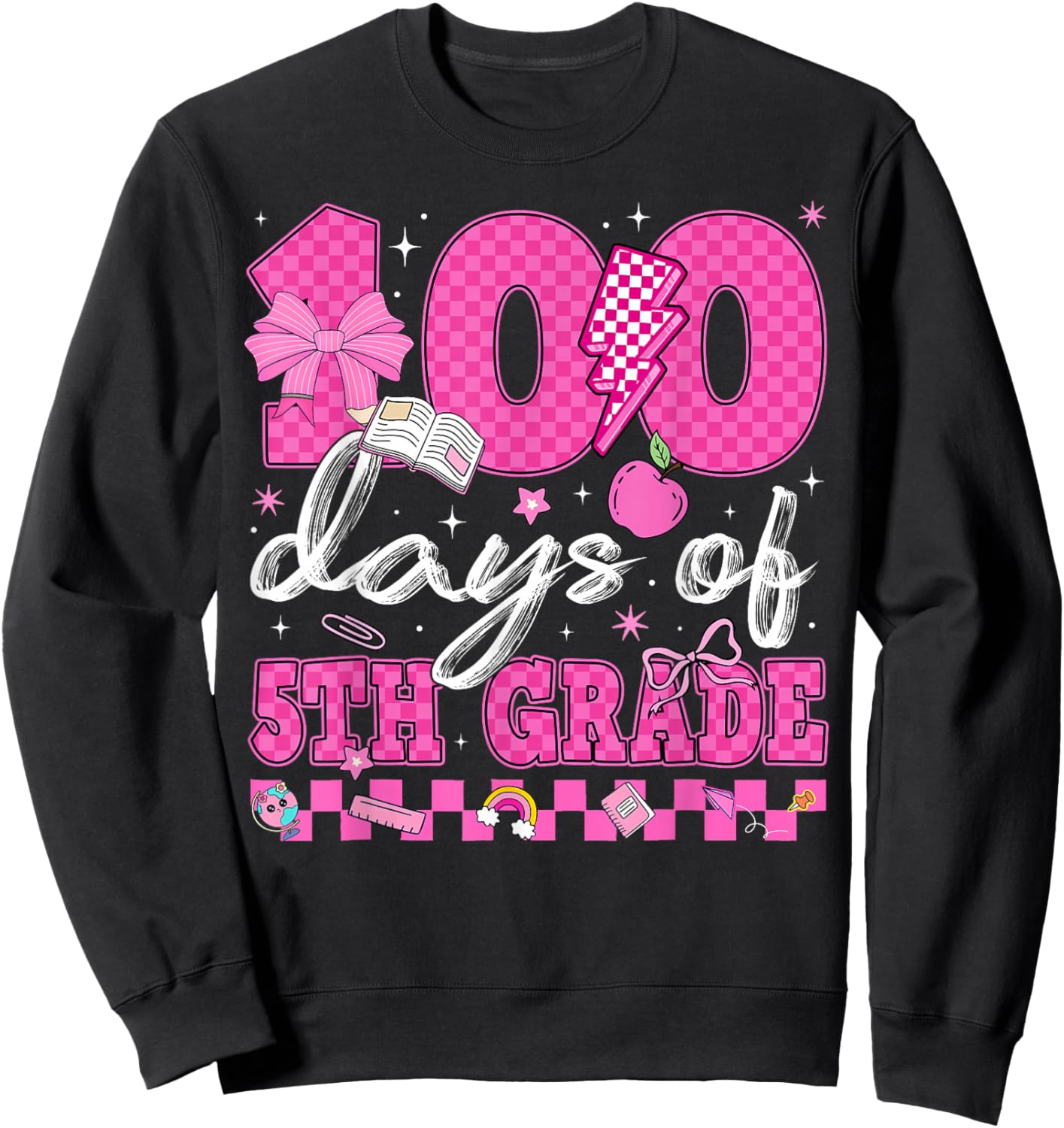 Happy 100 Days of 5th Grade Coquette Bow Checkered Girl Kid Sweatshirt - Sweatshirt | Black