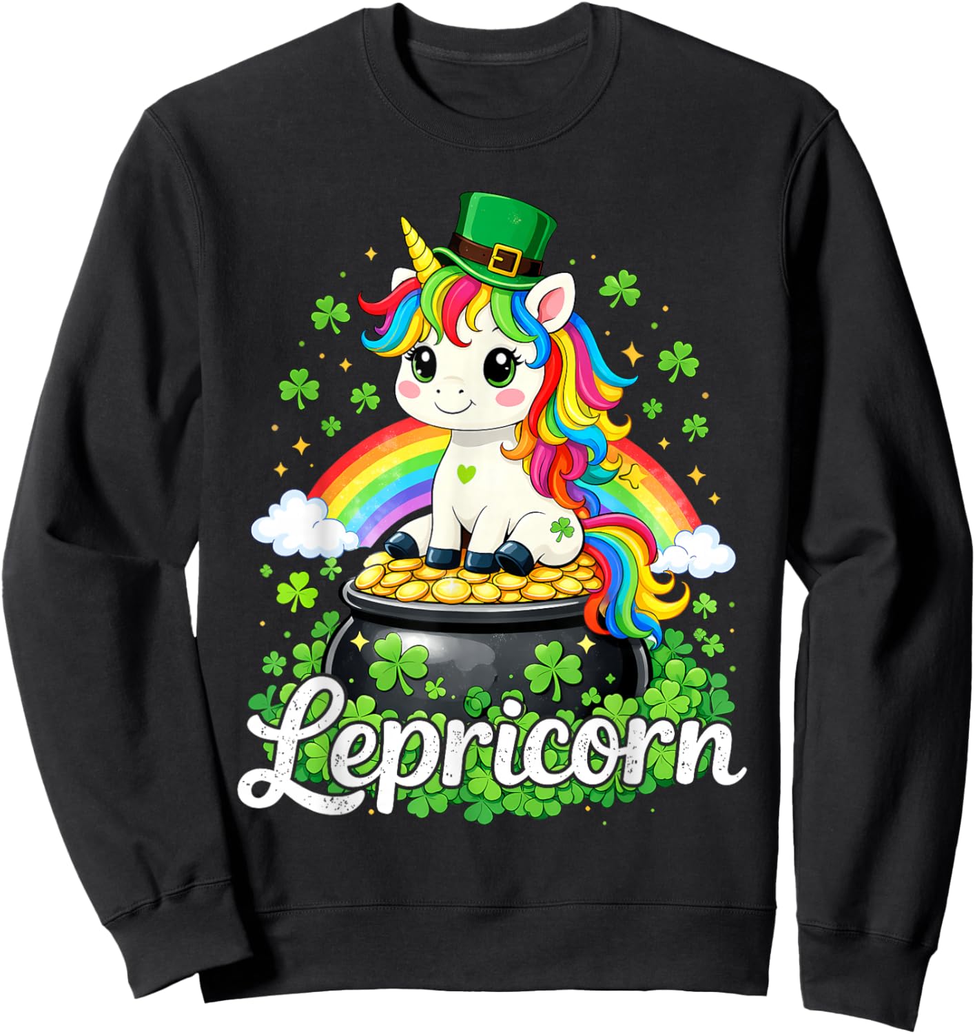 St Patricks Day Cute Unicorn Lepricorn St Pattys Girls Kids Sweatshirt - Sweatshirt | Black