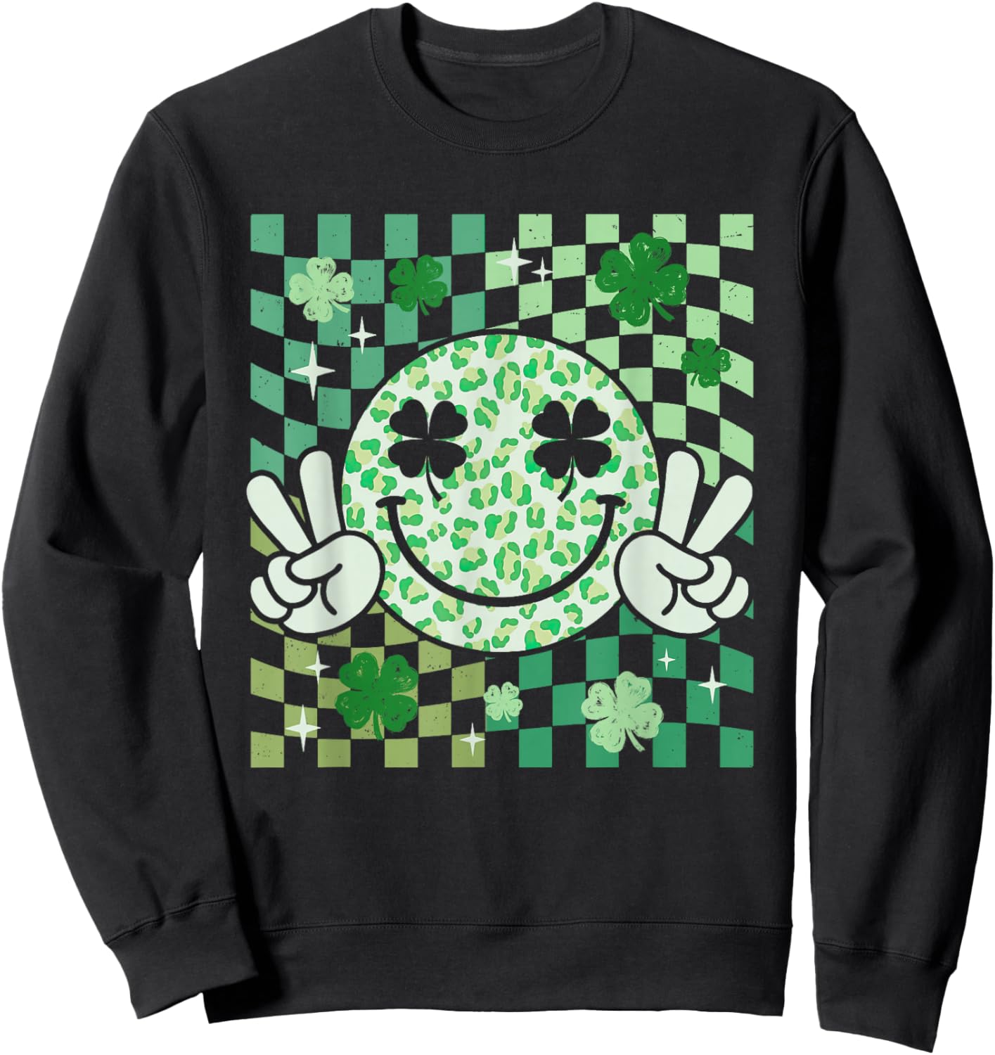 Groovy Smile Face St Patricks Day Shamrock Checker Women Kid Sweatshirt - Sweatshirt | Black