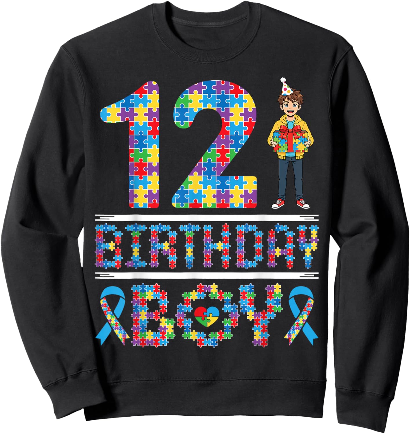 Autism Awareness 12th Birthday Boy Puzzle Piece 12 Years Old Sweatshirt - Sweatshirt | Black