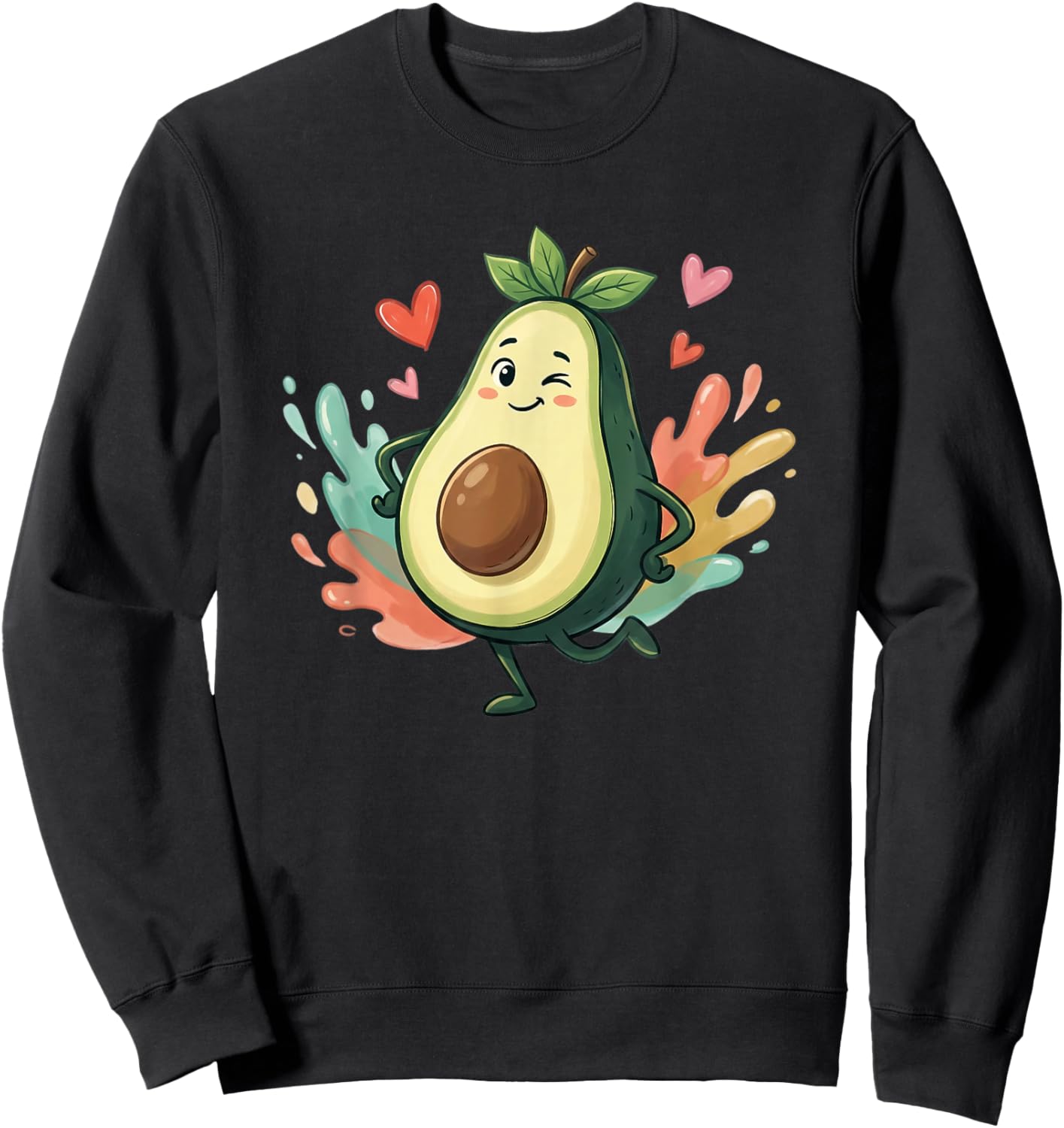 Cute Kawaii Avocado Walking with Hearts Around Sweatshirt - Sweatshirt | Black
