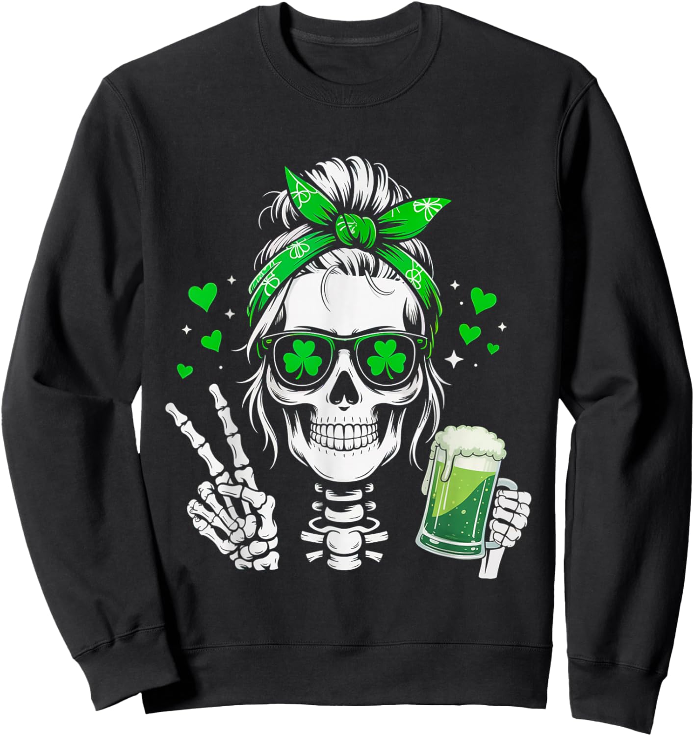 Skull Sunglass Messy Bun Irish Peace St Patrick's Day Women Sweatshirt - Sweatshirt | Black