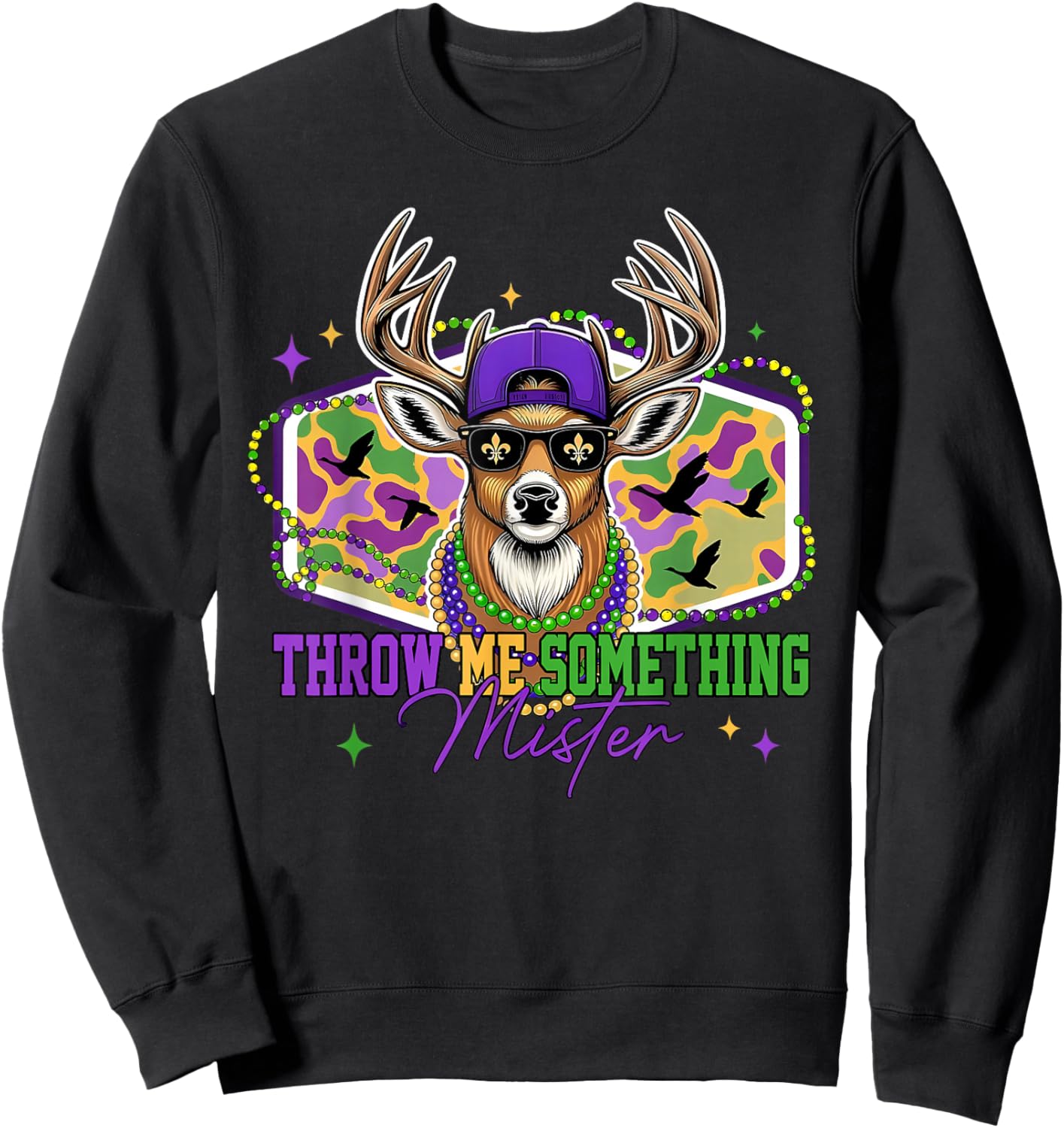 Throw Me Something Mister Mardi Gras Deer Beads Fleur De Lis Sweatshirt - Sweatshirt | Black