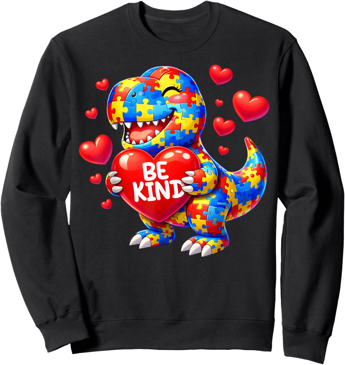 Autism Awareness Puzzle T Rex Dinosaur Be Kind Men Women Kid Sweatshirt - Sweatshirt | Black