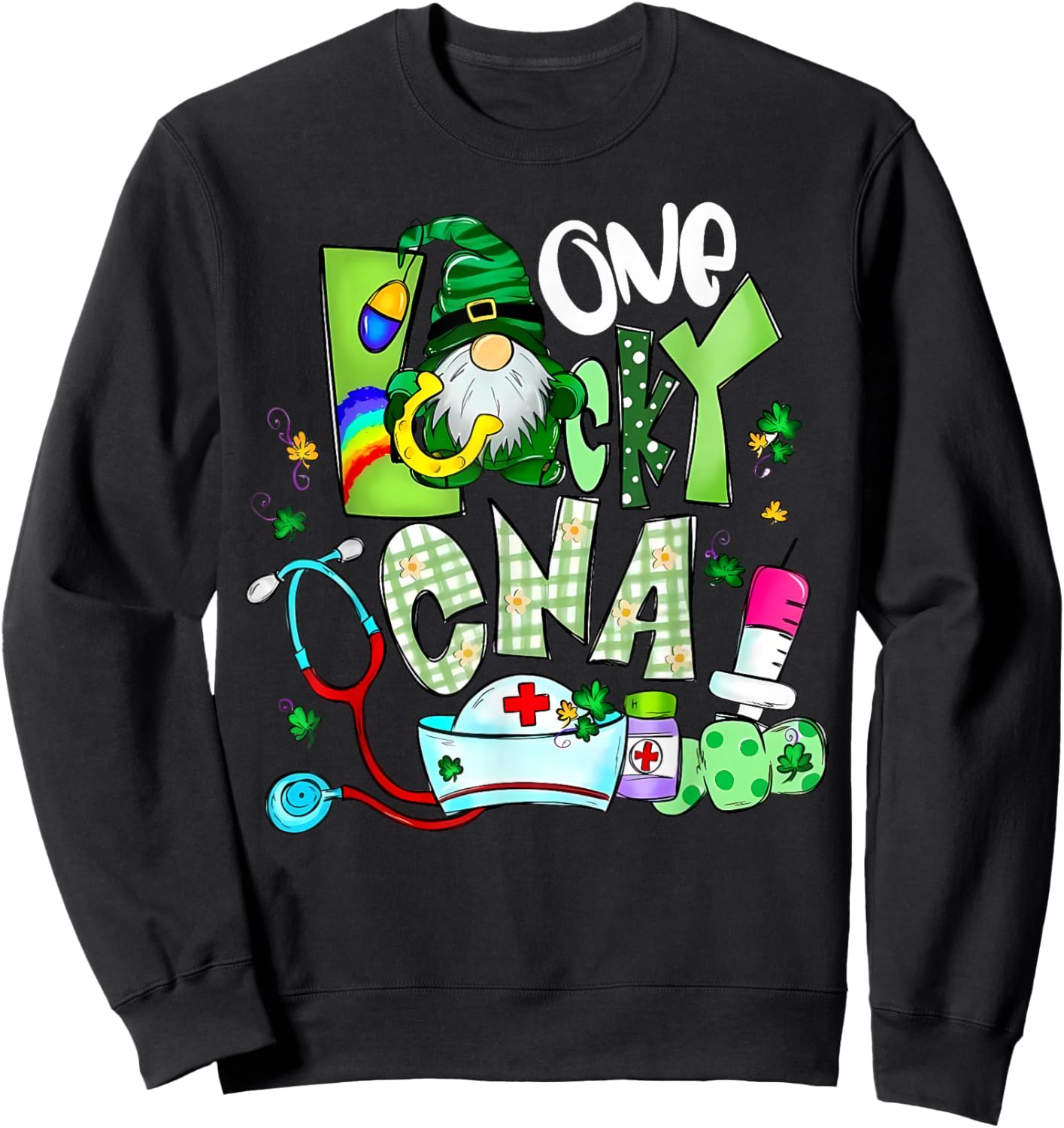 Lucky CNA Gnome St Patricks Day Nurse Shenanigans Irish Sweatshirt - Sweatshirt | Black