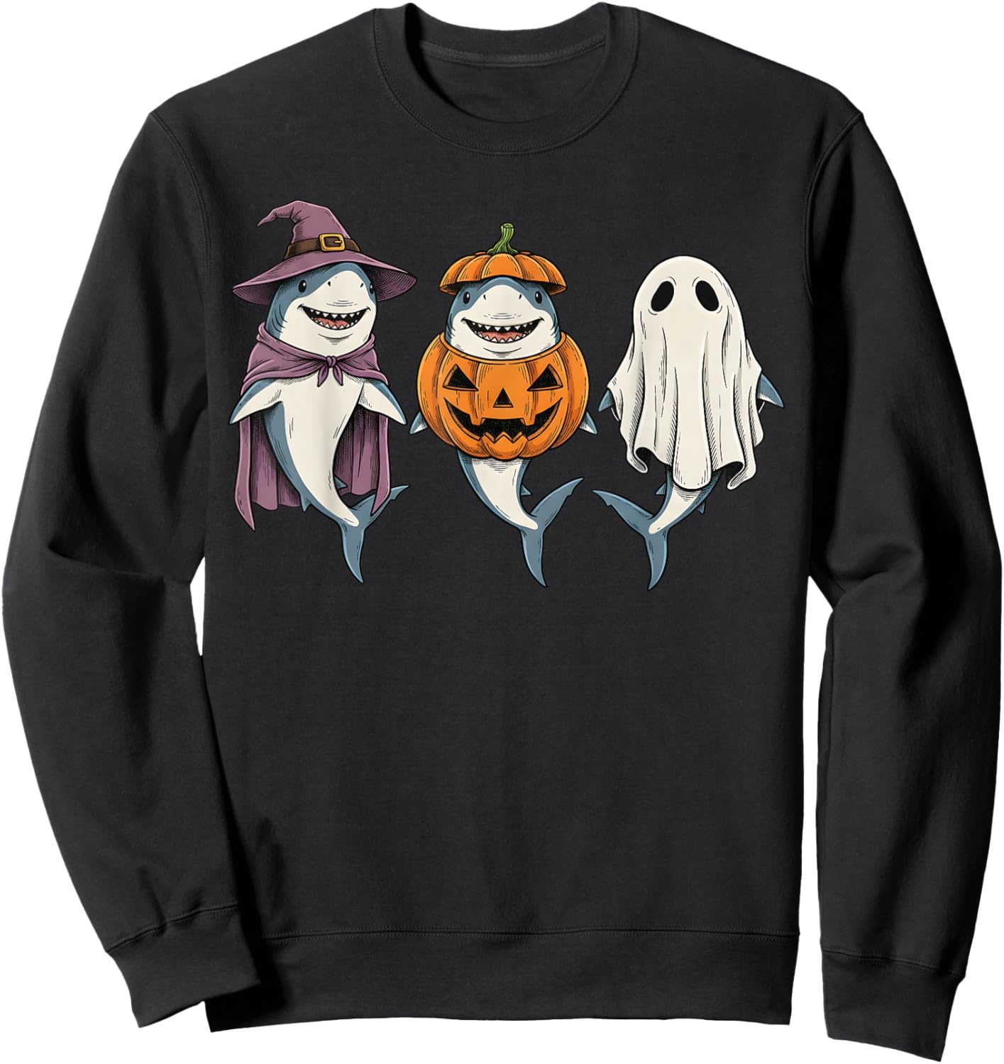 Spooky Ghost Shark Lover Pumpkin Halloween Sweatshirt - Sweatshirt | Black