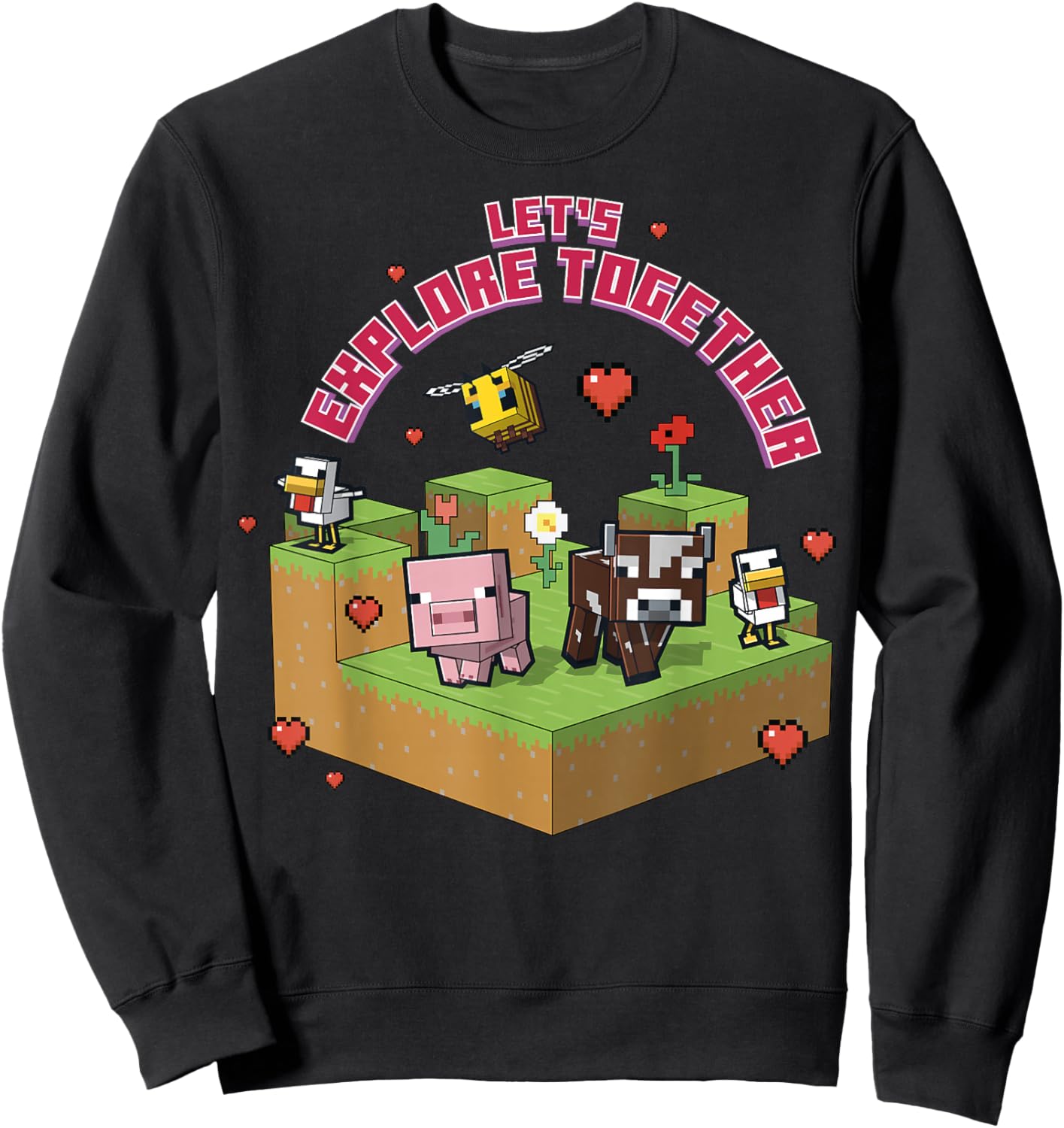Minecraft Pig Cow Bee Chicken Explore Together Heart Sweatshirt - Sweatshirt | Black