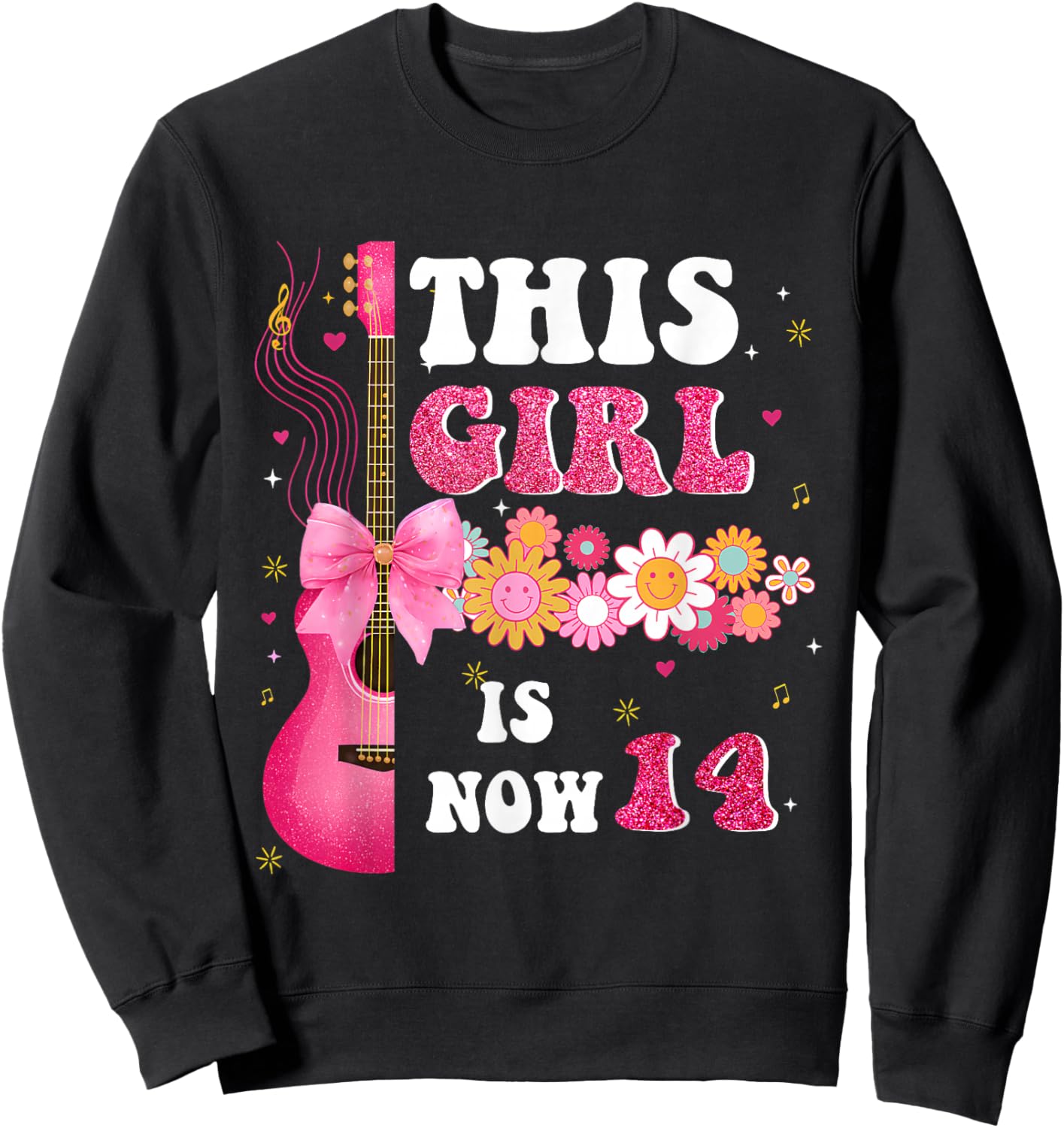 This Girl is Now 14 Cute Music Flower 14th Birthday Sweatshirt - Sweatshirt | Black