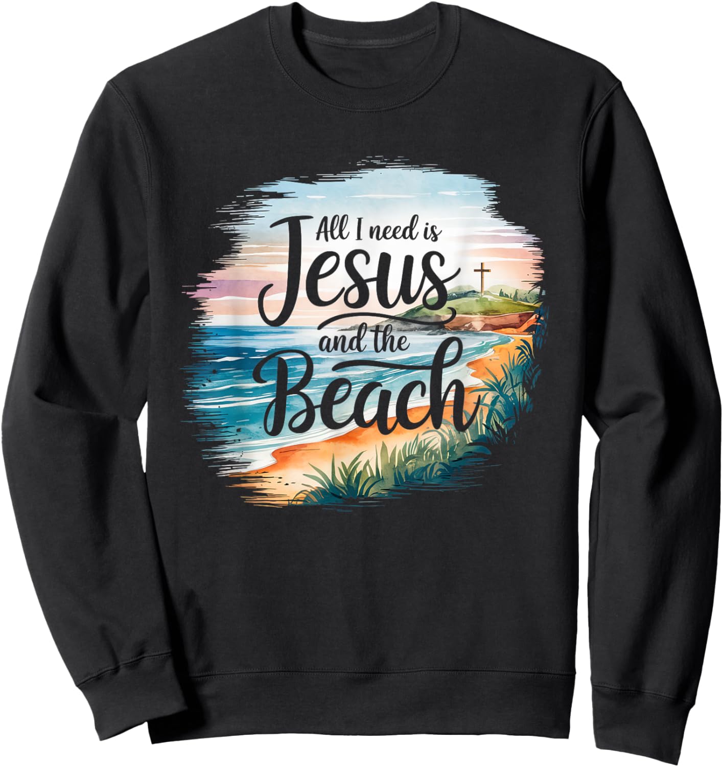 All I Need Jesus and The Beach Funny Christian Sun Vacation Sweatshirt - Sweatshirt | Black
