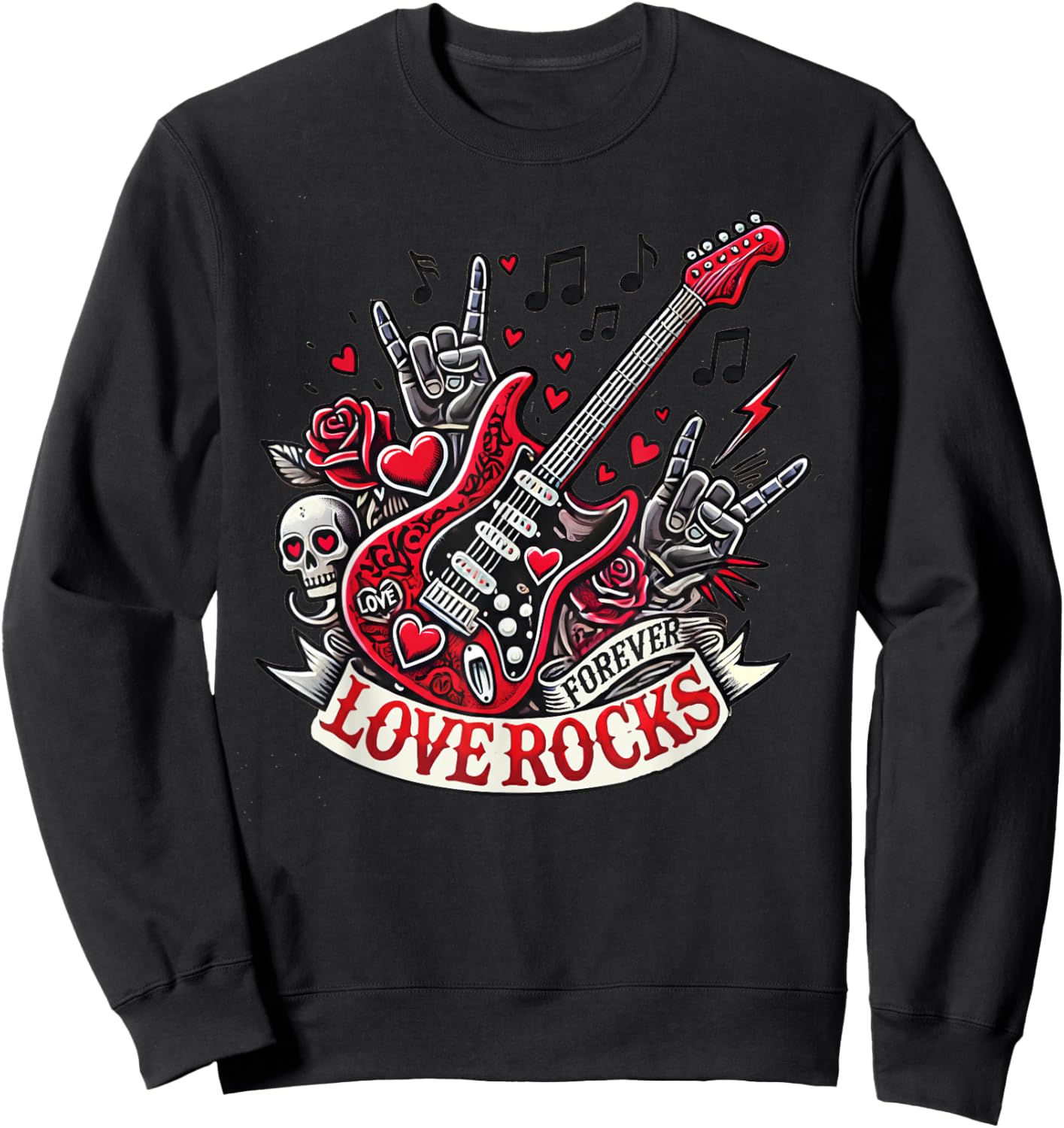 Valentine’s Rock & Roll Love Rocks for Couples Skulls Hearts Sweatshirt - Sweatshirt | Black