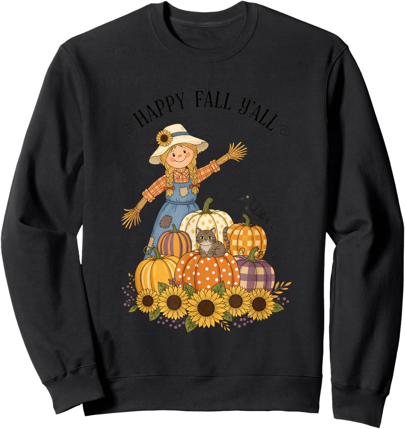 Happy Fall Y'all Scarecrow Pumpkin Sunflowers Autumn Thanksg Sweatshirt - Sweatshirt | Black