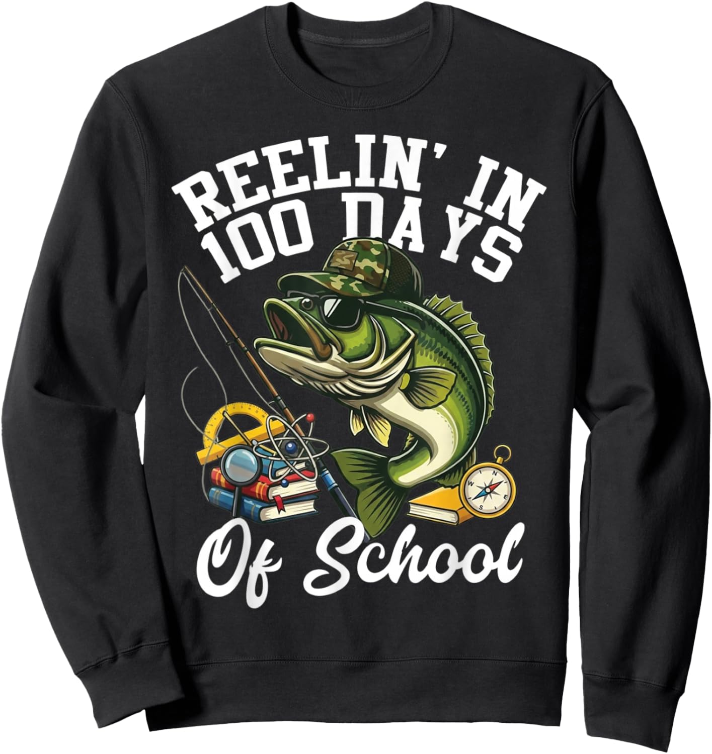 Reelin' in 100 Days of School Bass Camo Fishing Lover Boys Sweatshirt - Sweatshirt | Black