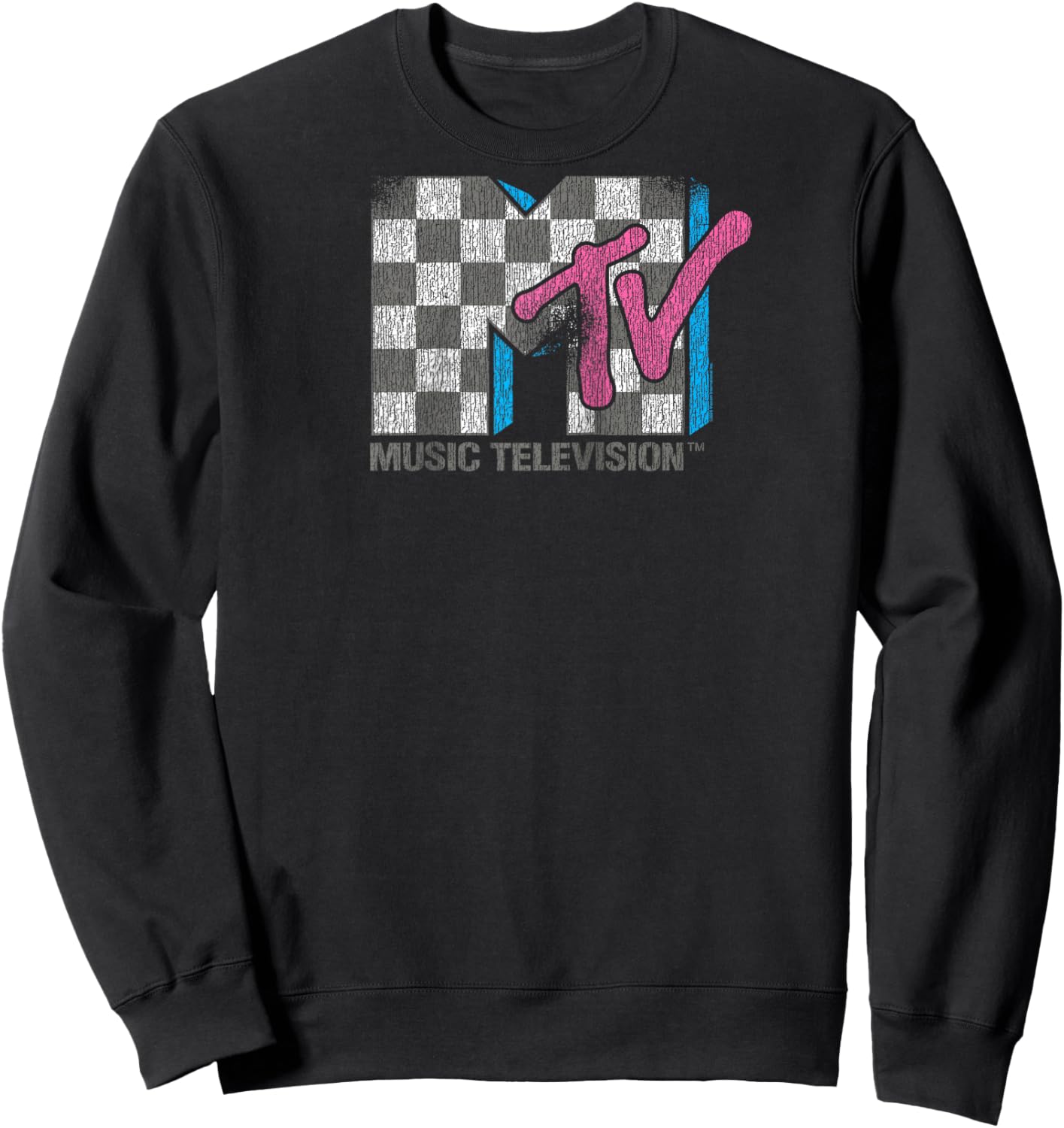 MTV Distressed Vintage Checkerboard Logo Music Television Raglan Baseball Sweatshirt - Sweatshirt | Black
