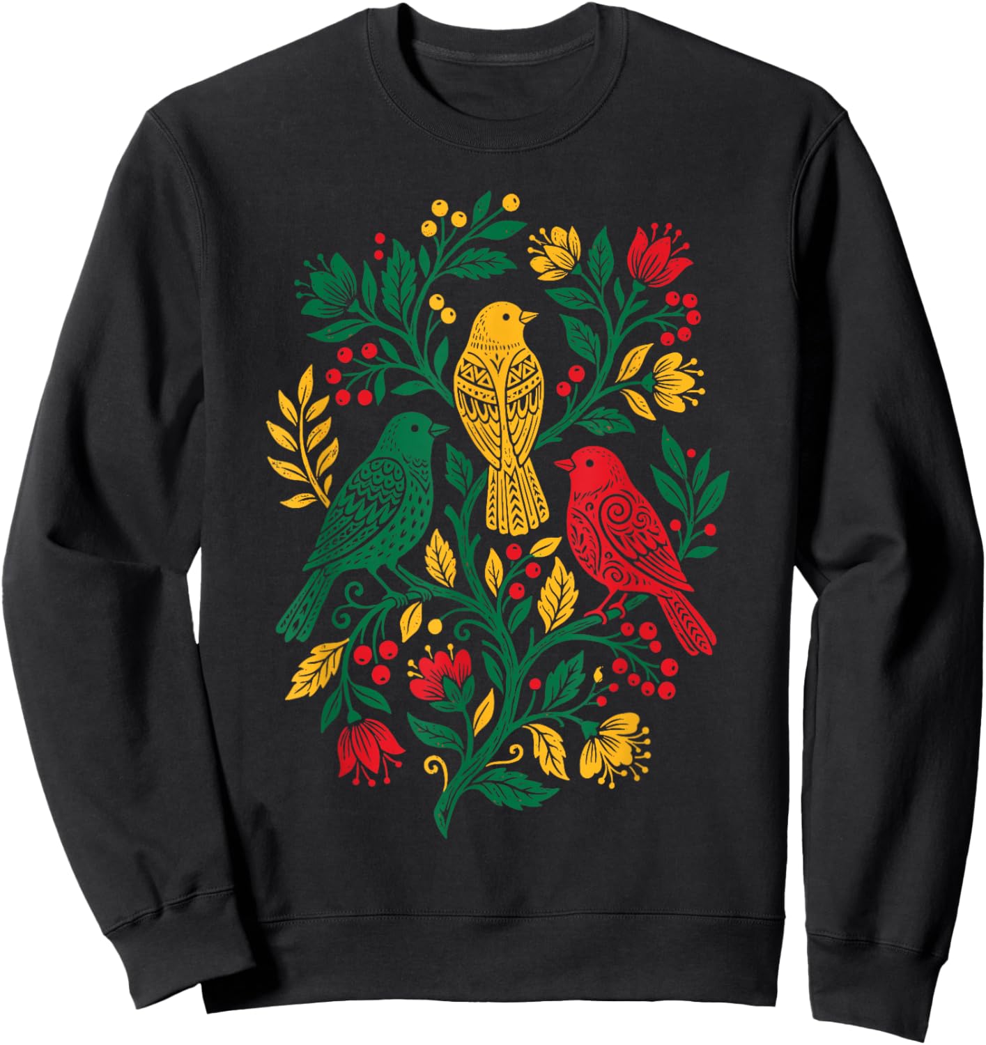 Rasta Reggae Roots Three Birds Jamaica Folk Art Floral Sweatshirt - Sweatshirt | Black