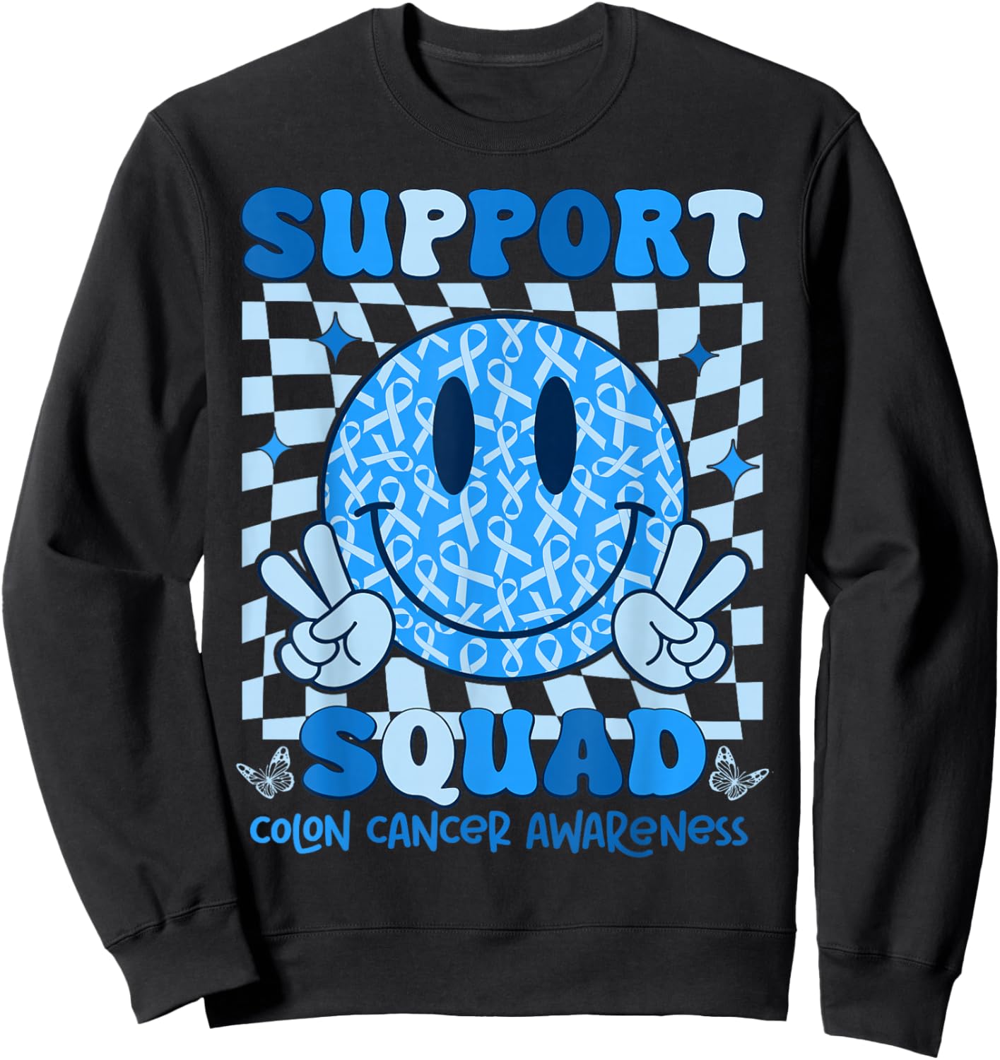 Retro Support Squad Blue Ribbon Colon Cancer Awareness Sweatshirt - Sweatshirt | Black