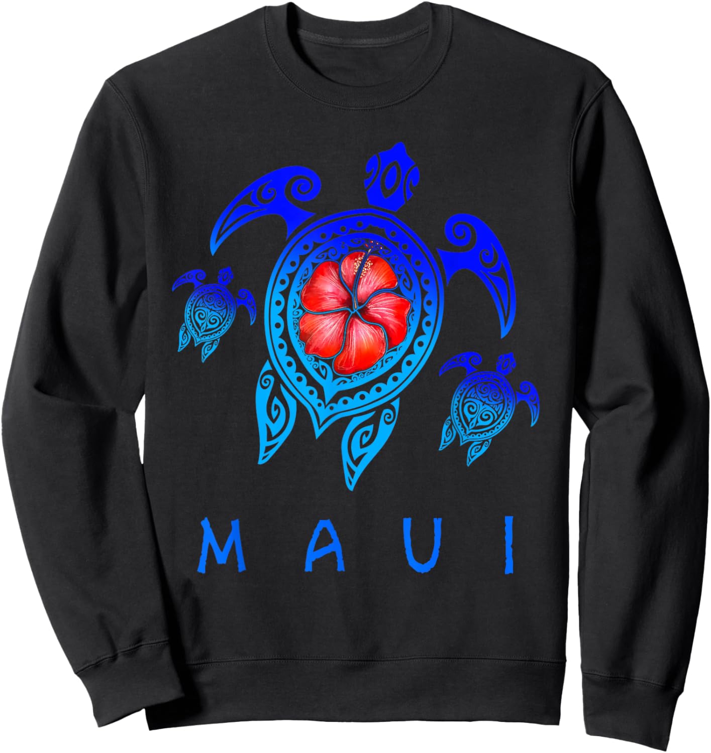 Maui Hawaii Sea Turtle Blue Tribal Hibiscus Sweatshirt - Sweatshirt | Black