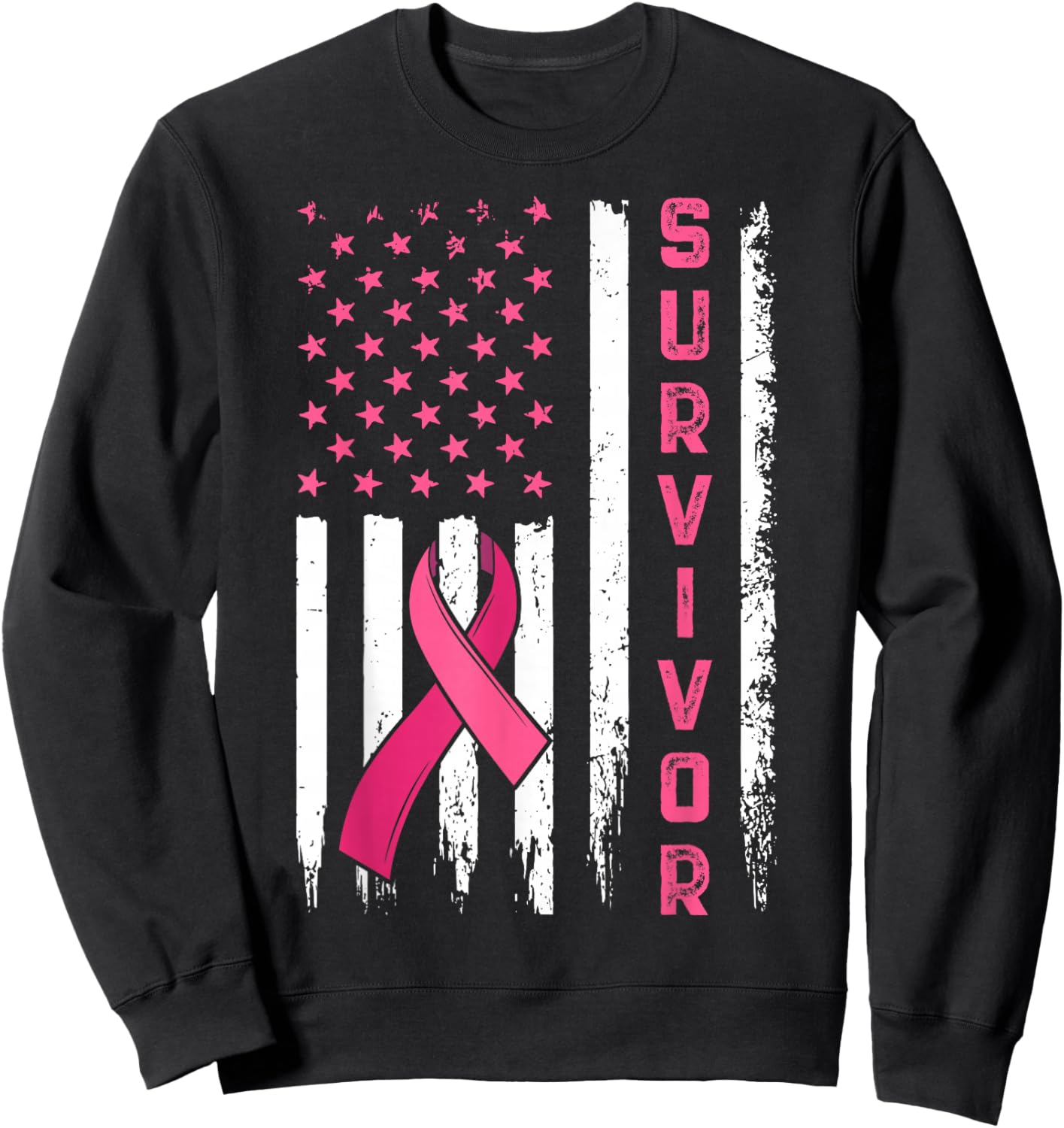 Survivor Breast Cancer Awareness Pink Ribbon US Flag Sweatshirt - Sweatshirt | Black