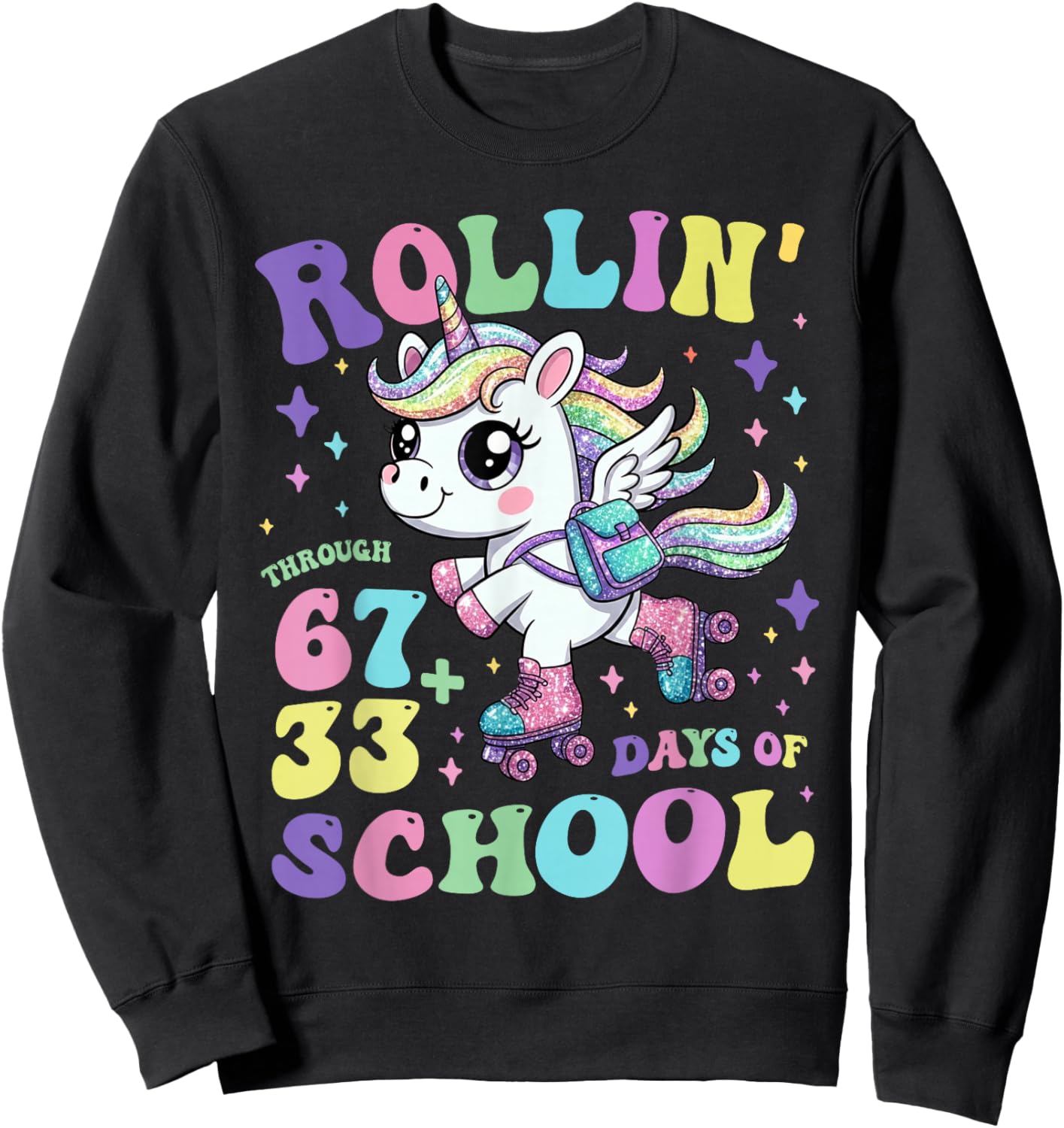 Rollin Through 100 Days of School Girls Teacher Unicorn Sweatshirt - Sweatshirt | Black
