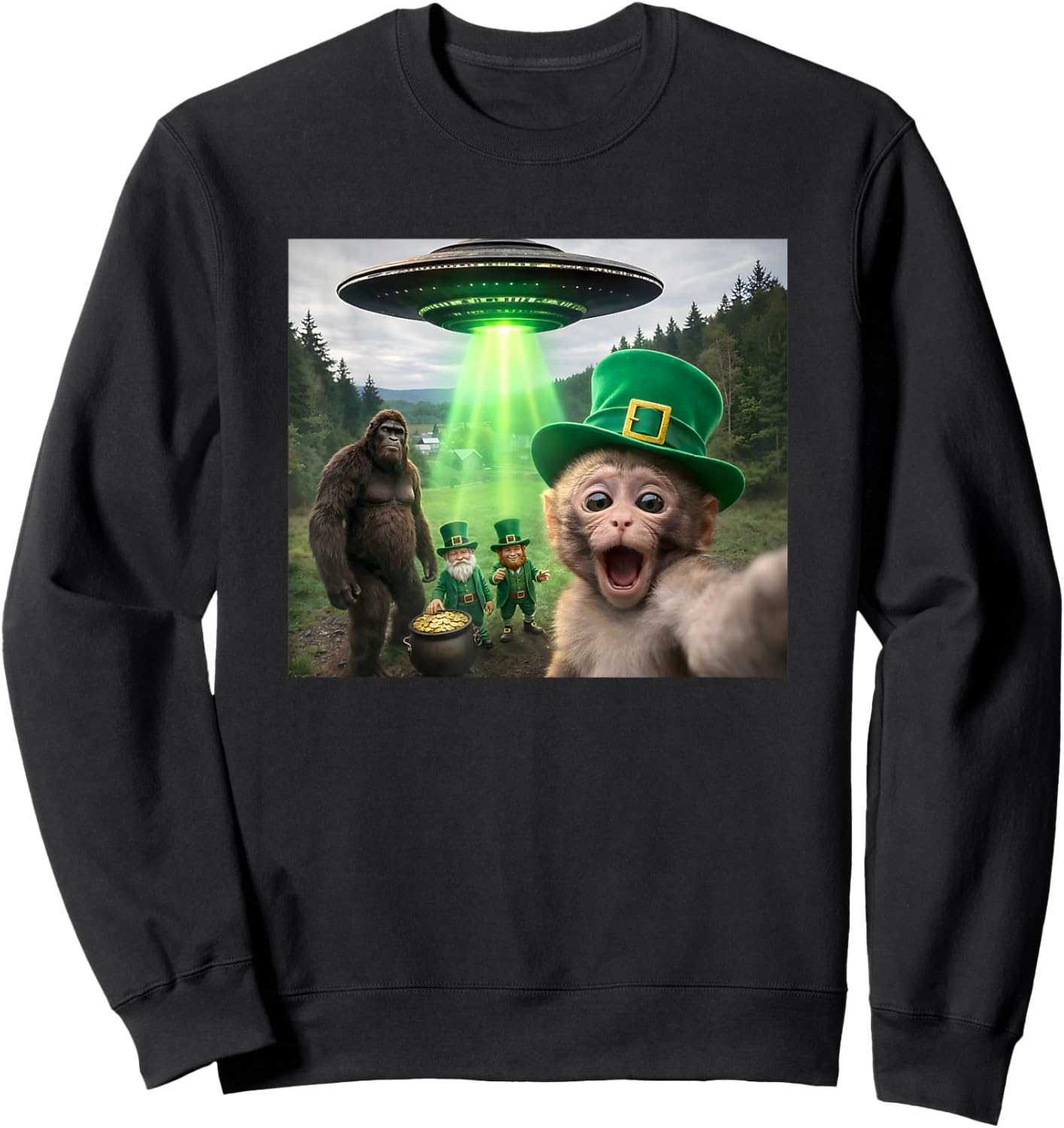 St Patricks Day Macaque Bigfoot UFO Leprechanun Funny Selfie Sweatshirt - Sweatshirt | Black