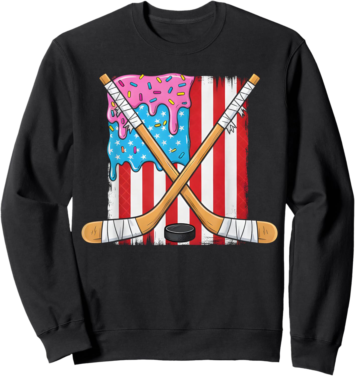 Ice Hockey Ice Cream Drip Boys American Flag Youth Players Sweatshirt - Sweatshirt | Black