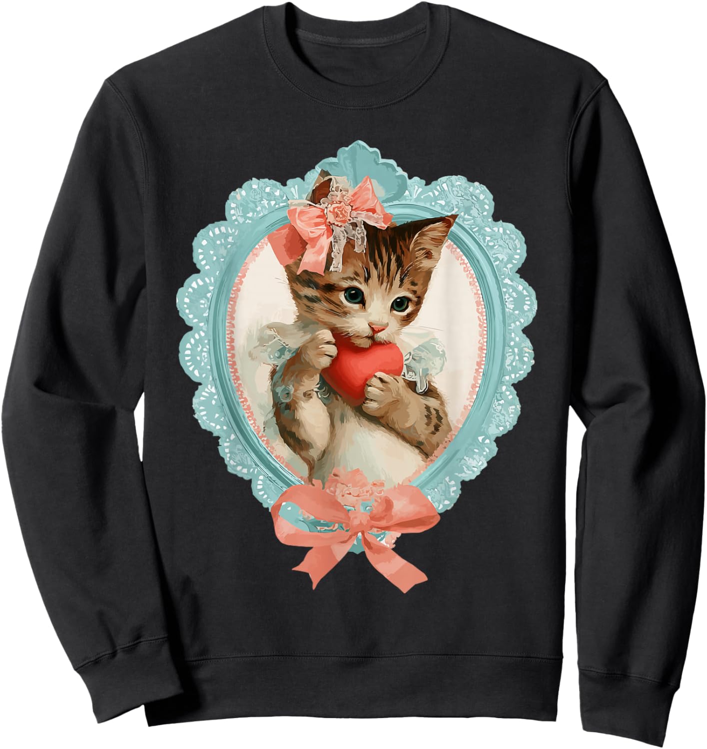 Cute Tabby Cat Valentine Kitty with Heart Vintage Coquette Sweatshirt - Sweatshirt | Black