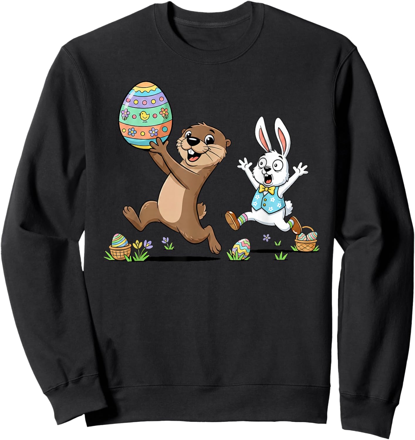 Funny Otter Bunny Easter Egg Kids Easter Day Sweatshirt - Sweatshirt | Black