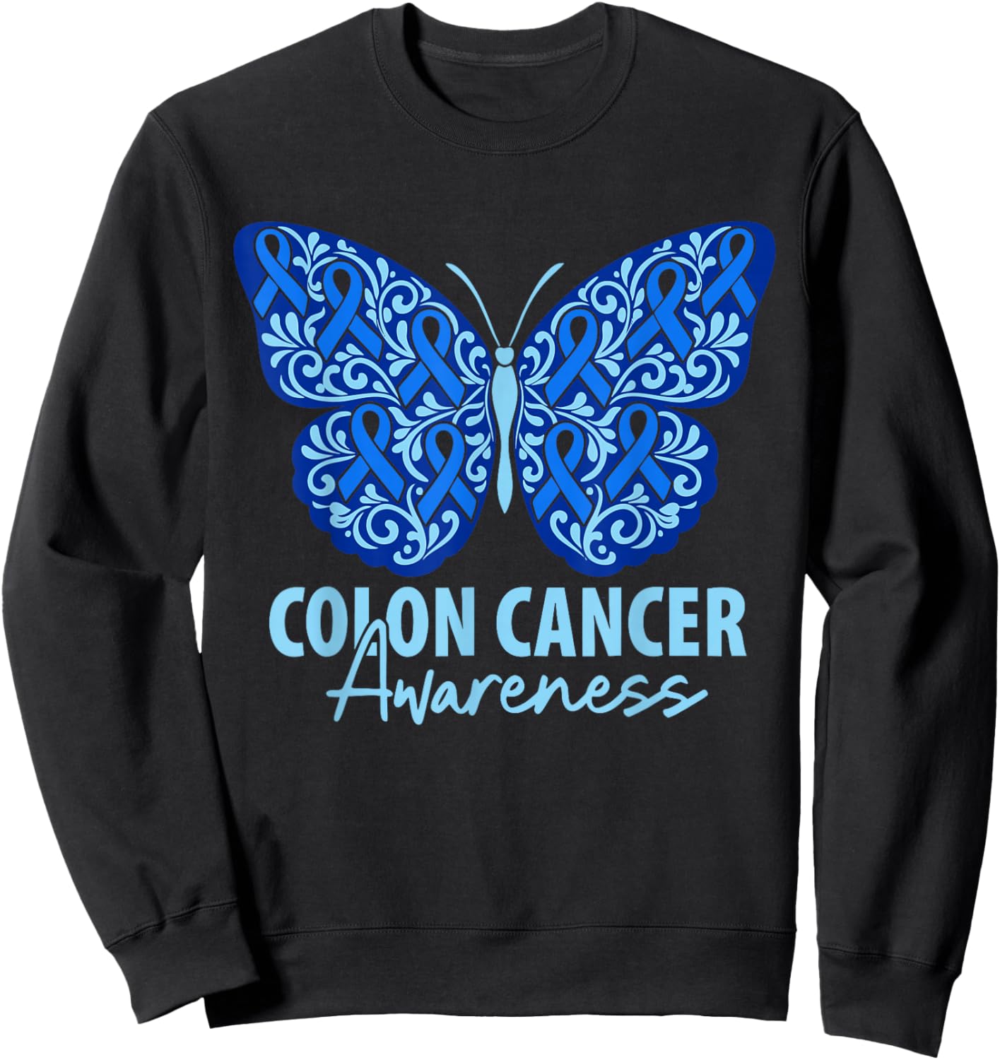 Colorectal Colon Cancer Awareness Blue Ribbon Butterfly Sweatshirt - Sweatshirt | Black