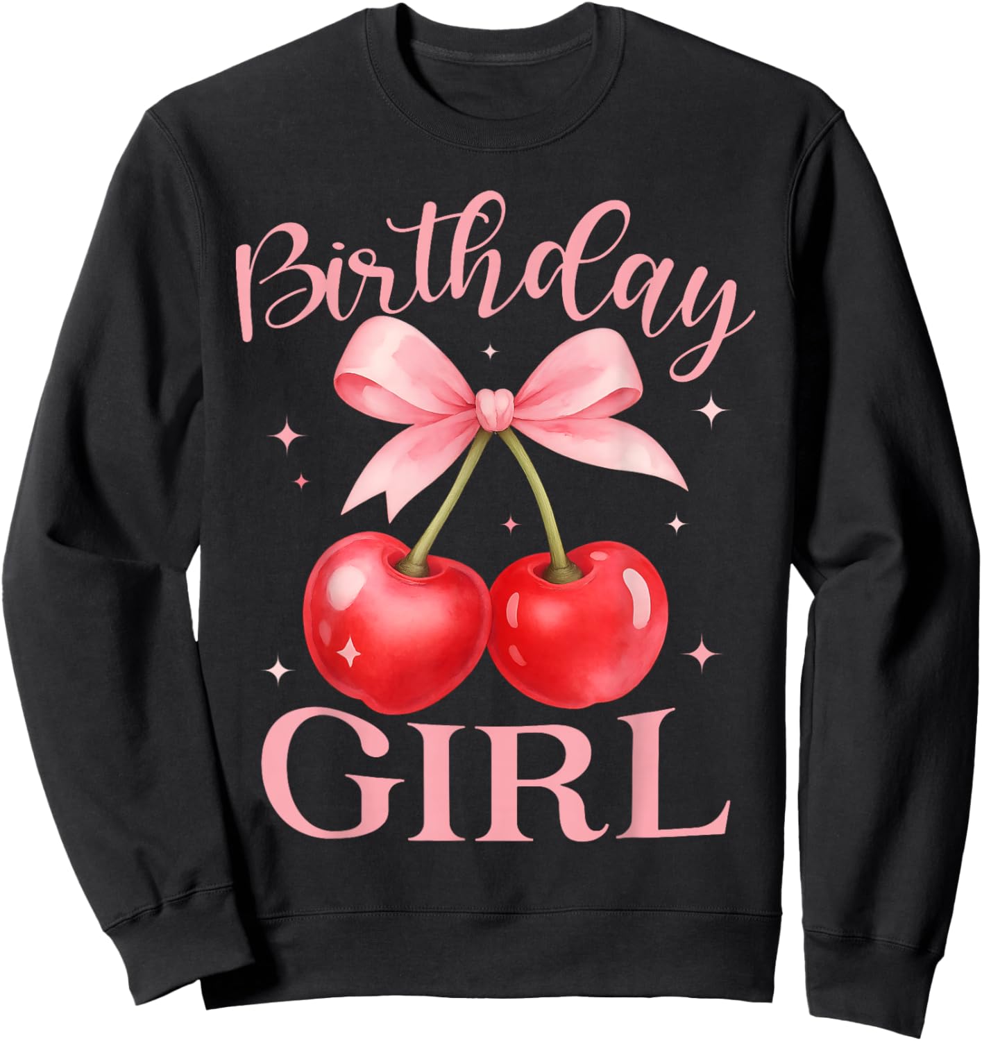 Birthday Girl Cute Coquette Bow Cherry Birthday Girl Kids Sweatshirt - Sweatshirt | Black