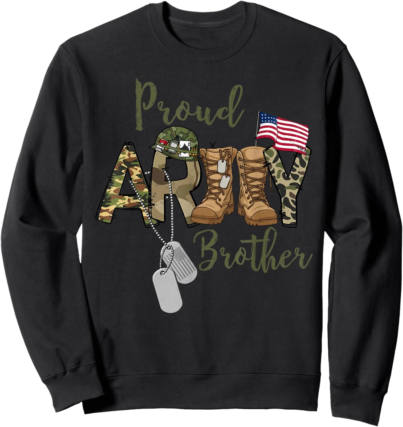 Proud Army Brother Military Brother with Dog Tag US Flag Sweatshirt - Sweatshirt | Black