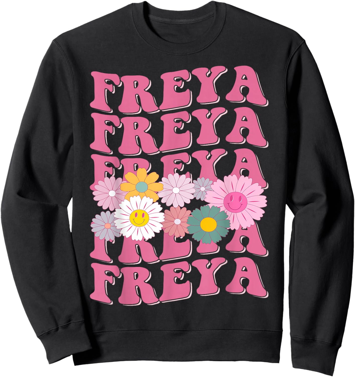 Girl Retro Freya First Name Personalized Groovy 80's Sweatshirt - Sweatshirt | Black
