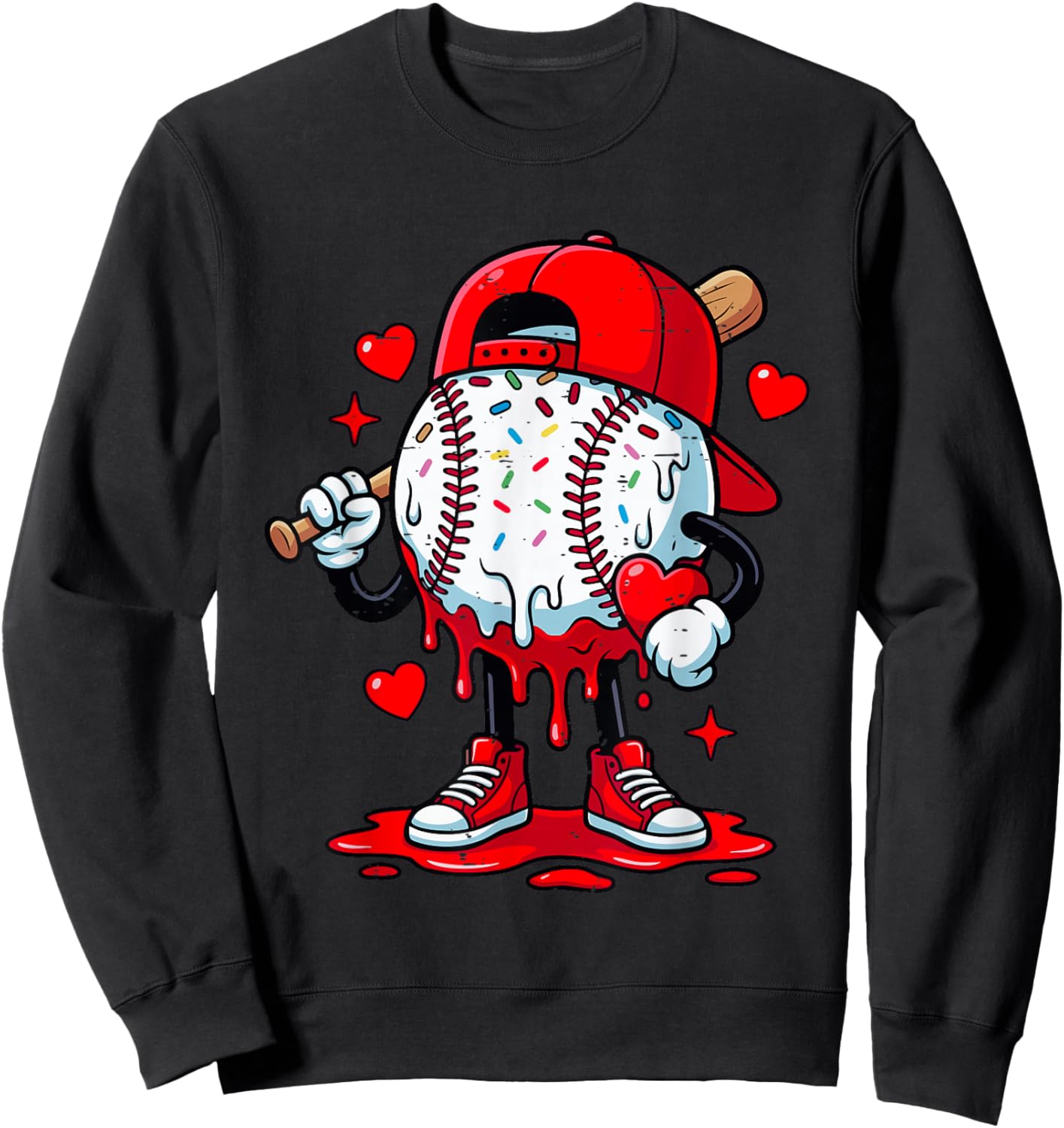 Cute Game Day Baseball Ice Cream Drip Valentine Love XOXO Sweatshirt - Sweatshirt | Black