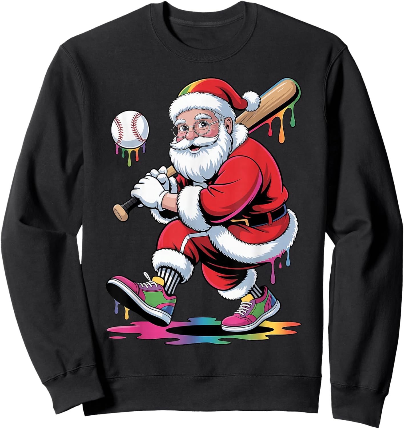 Funny Baseball Christmas Santa Claus Batter Baseball Drip Sweatshirt - Sweatshirt | Black