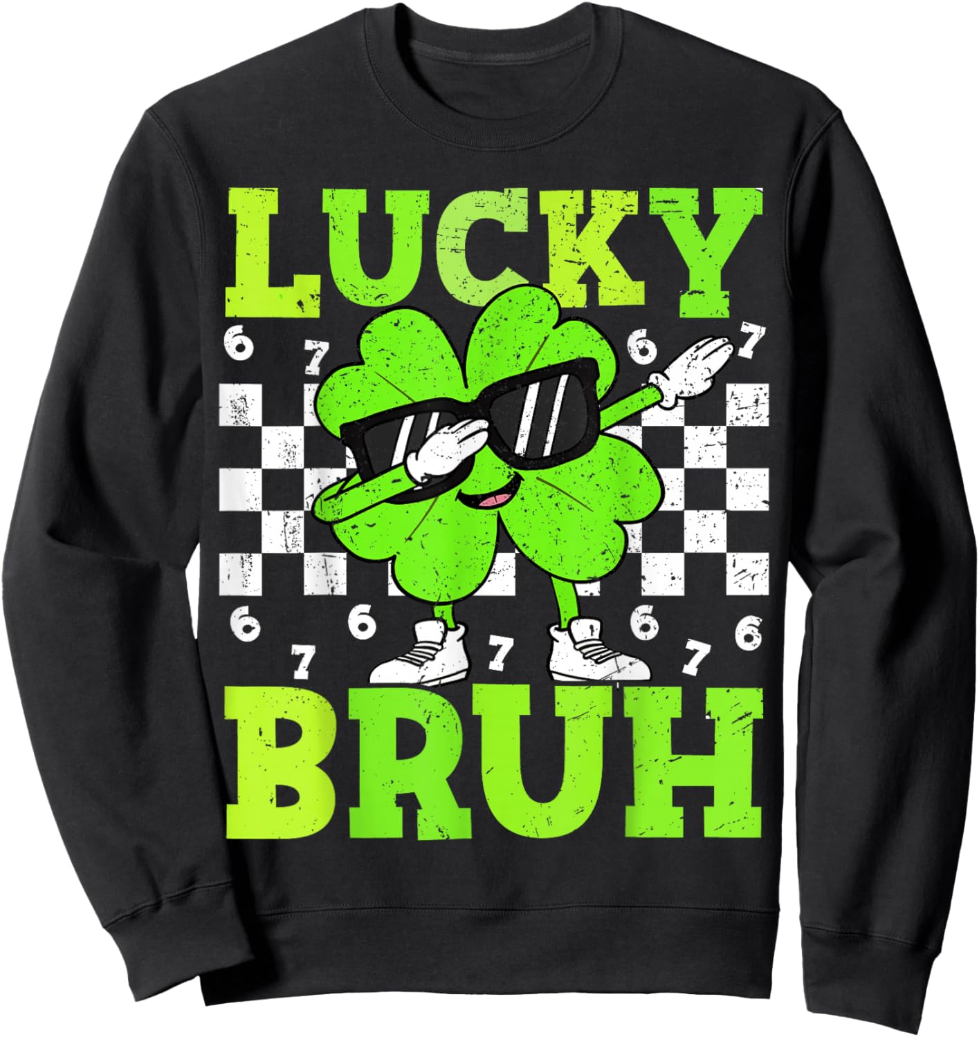 Boys St Patricks Day 67 Lucky Bruh Dabbing Shamrock Clover Sweatshirt - Sweatshirt | Black