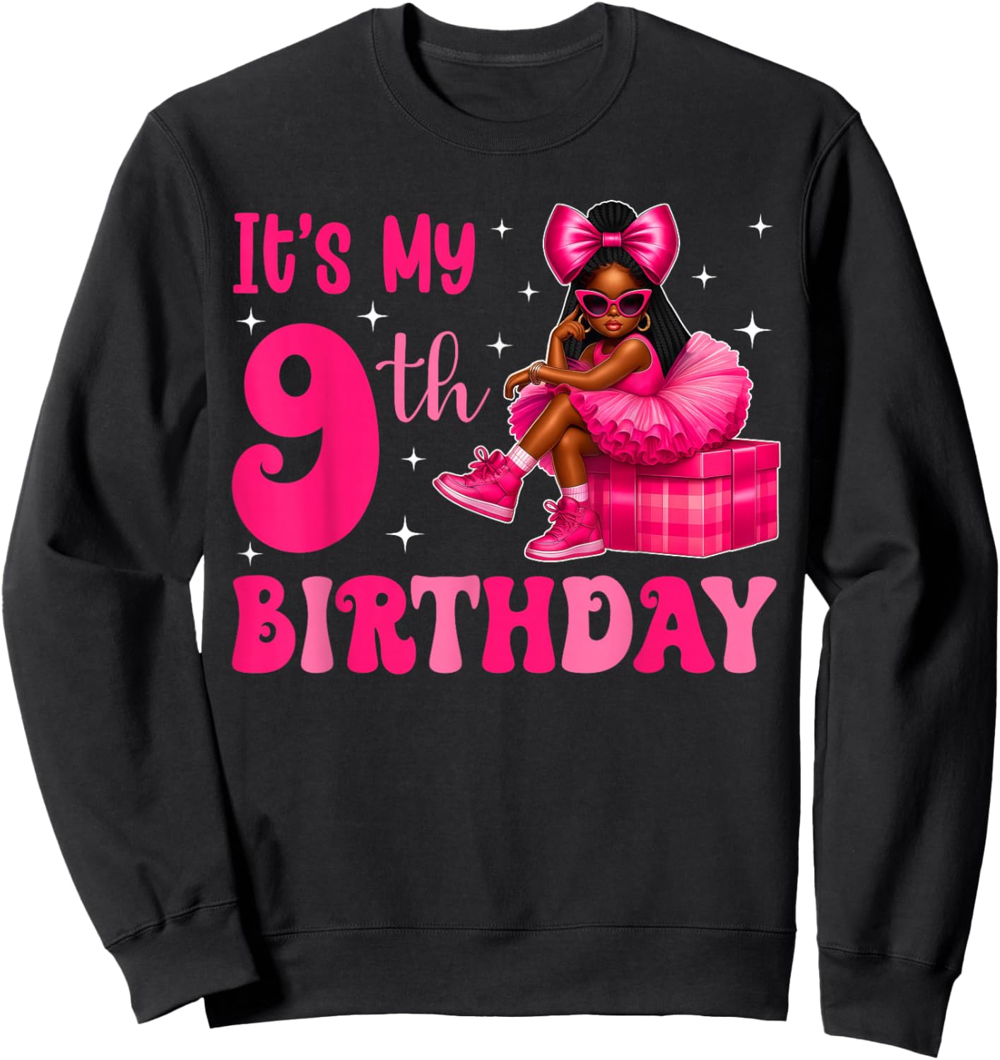 It's My 9th Birthday Bow 9 Years Old Black Girl Afro Kid Sweatshirt - Sweatshirt | Black