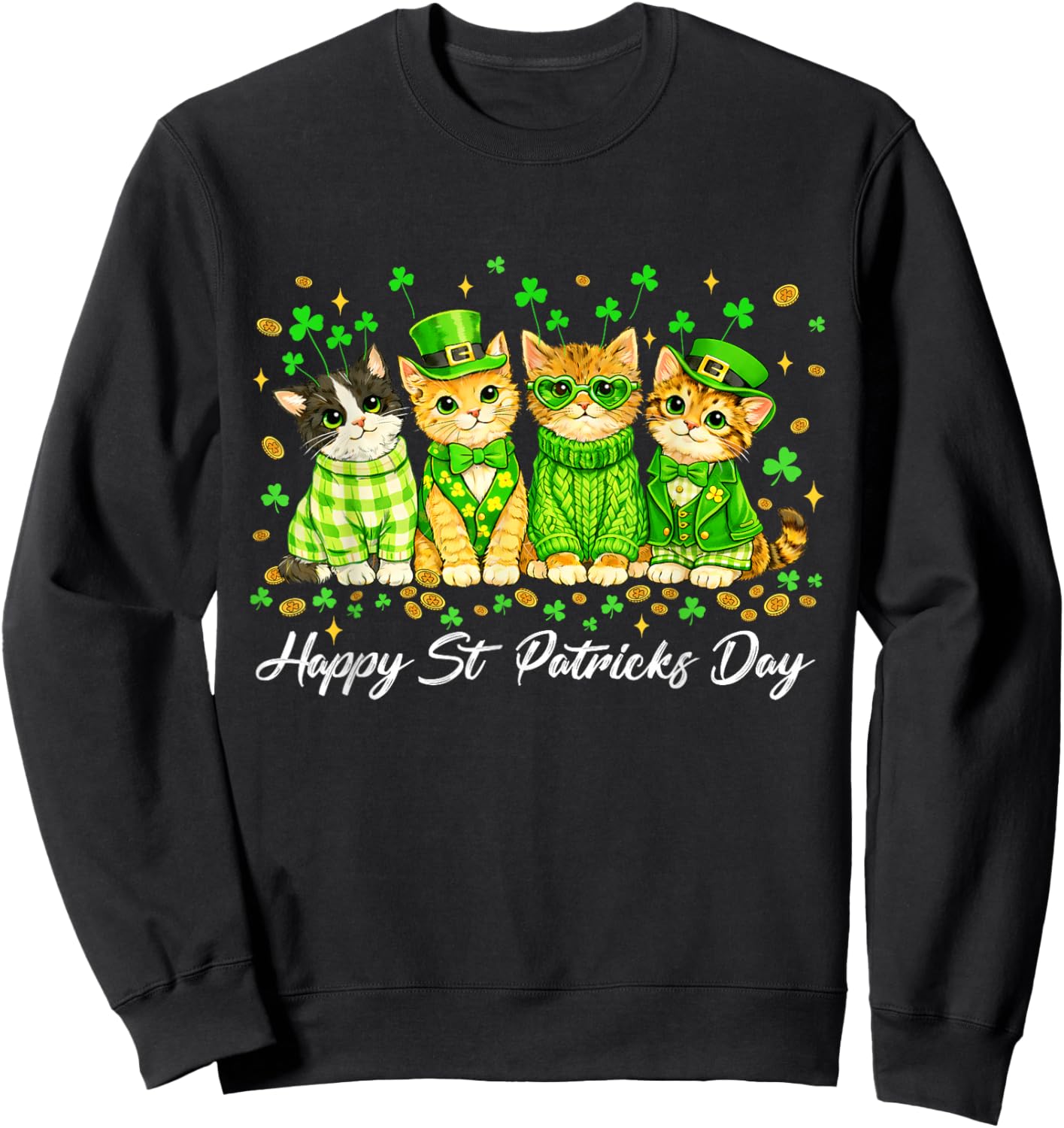 Happy St Patricks Catricks Day Cats Saint Pattys Women Girls Sweatshirt - Sweatshirt | Black
