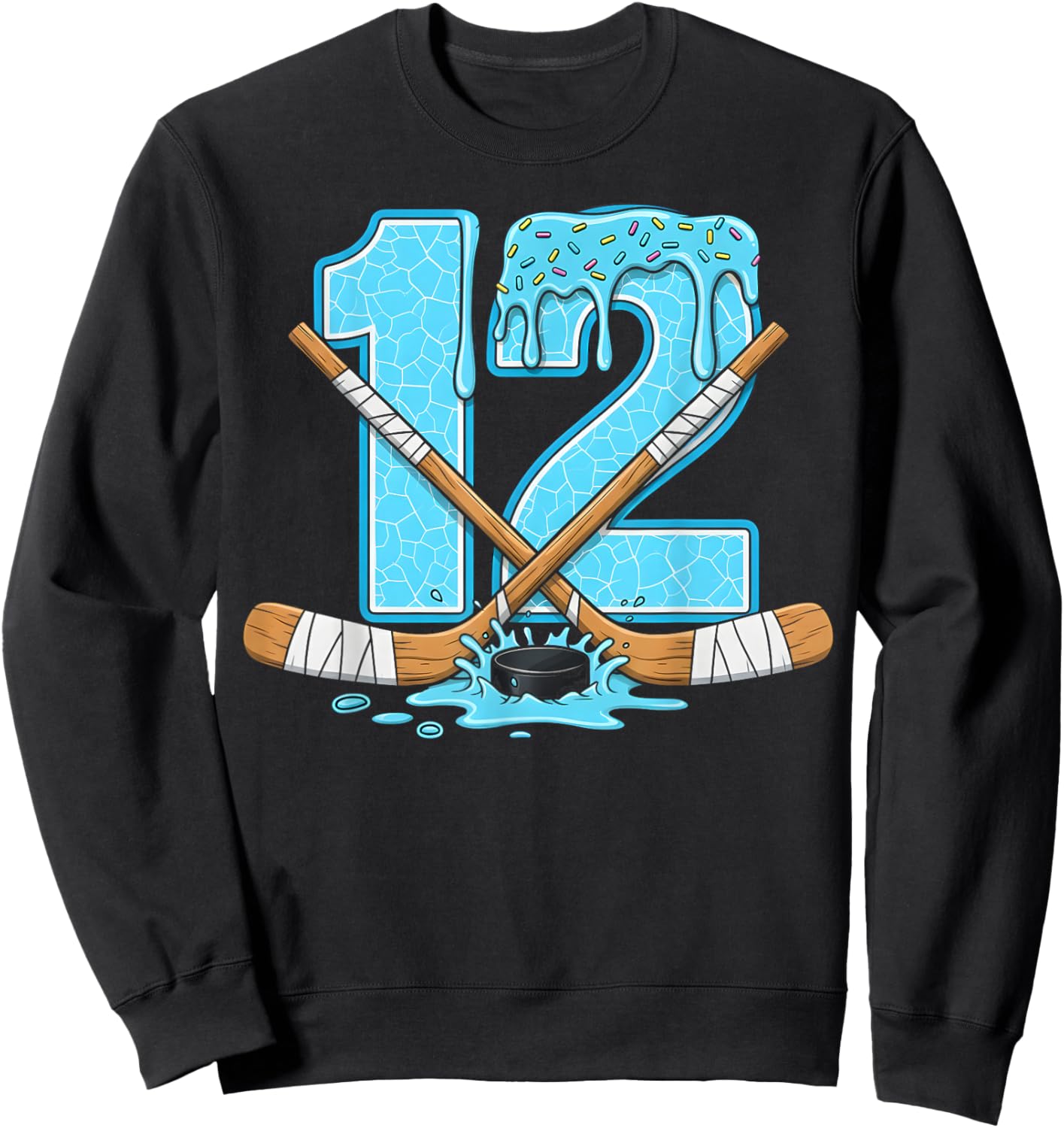 12 Year Old Hockey Ice Cream Drip Youth 12th Birthday Boys Sweatshirt - Sweatshirt | Black