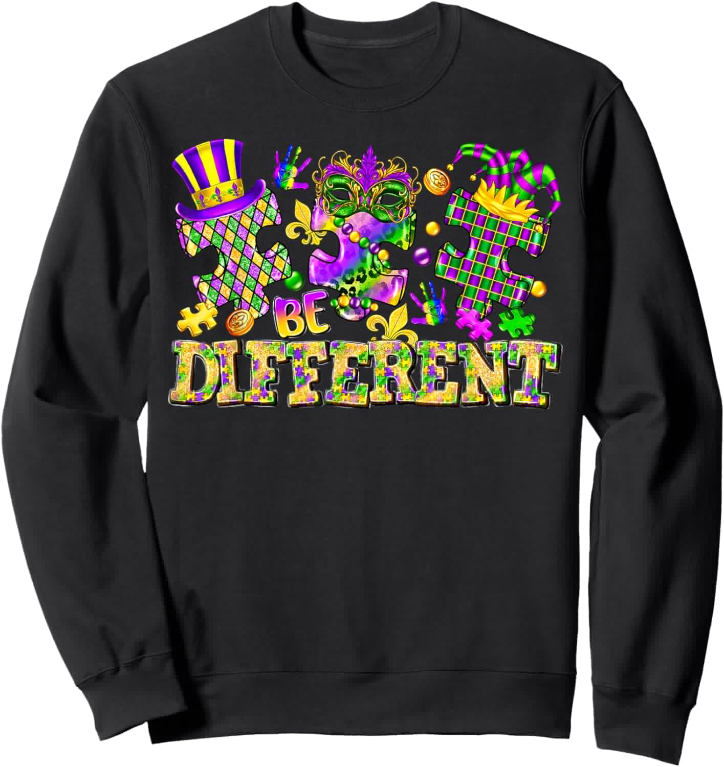 Be Different Puzzle Piece Mardi Gras New Orleans Autism Sweatshirt - Sweatshirt | Black