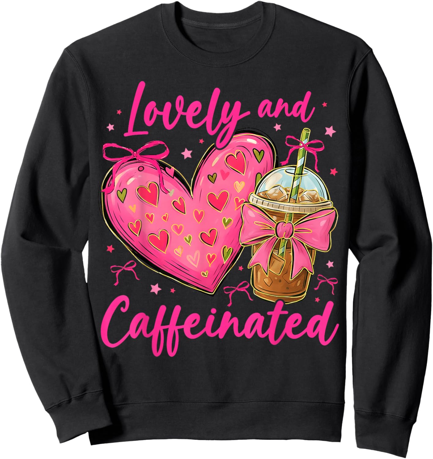 Valentine Lovely & Caffeinated Coffee Lover Coquette Bow Sweatshirt - Sweatshirt | Black