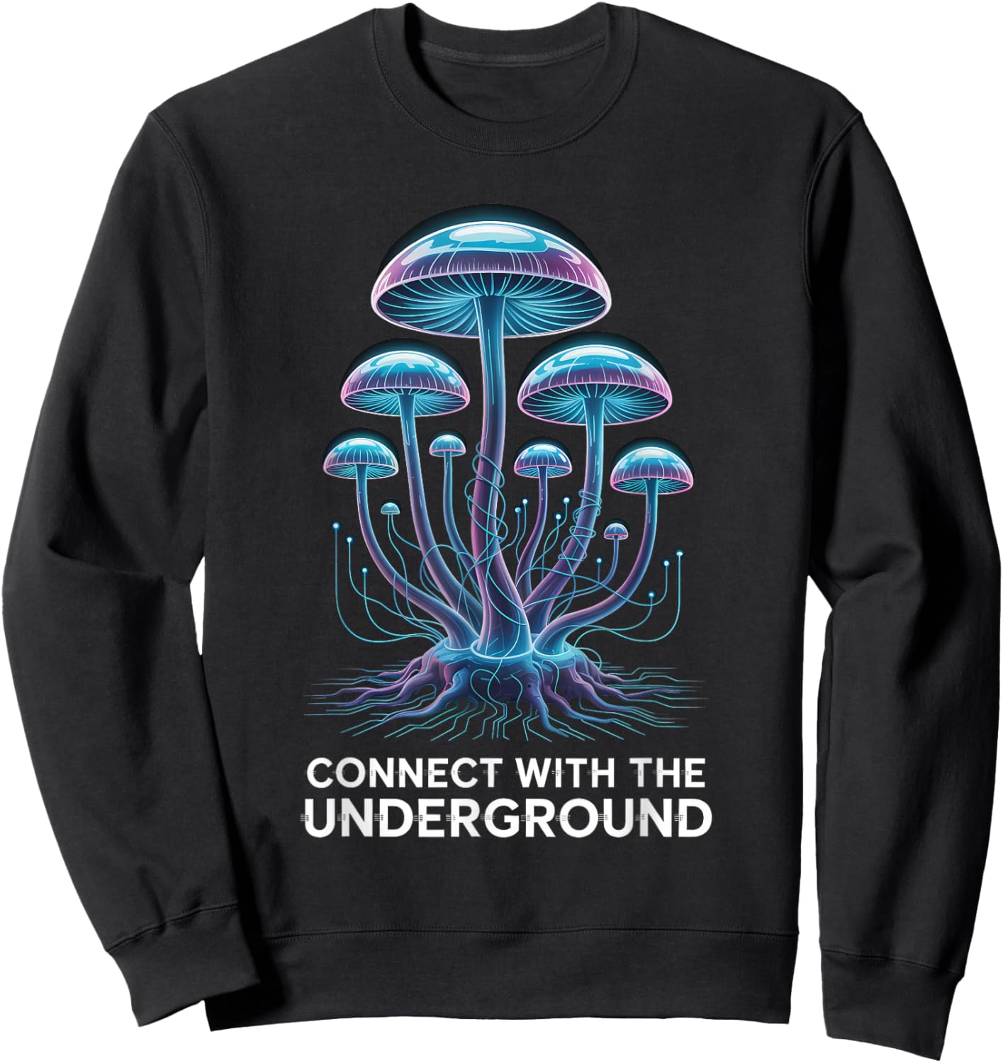 Luminous Cyber Mushroom Mycelium Network Tech Graphic Sweatshirt - Sweatshirt | Black